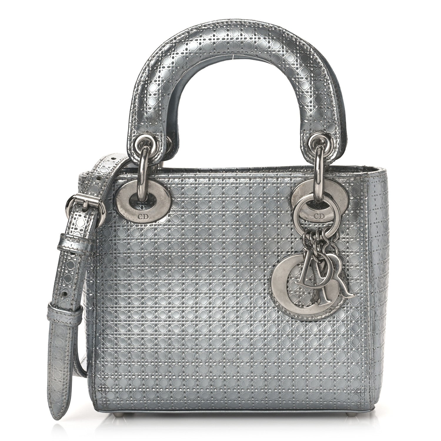 Christian Dior Metallic Patent Micro-Cannage Mini Lady Dior Silver