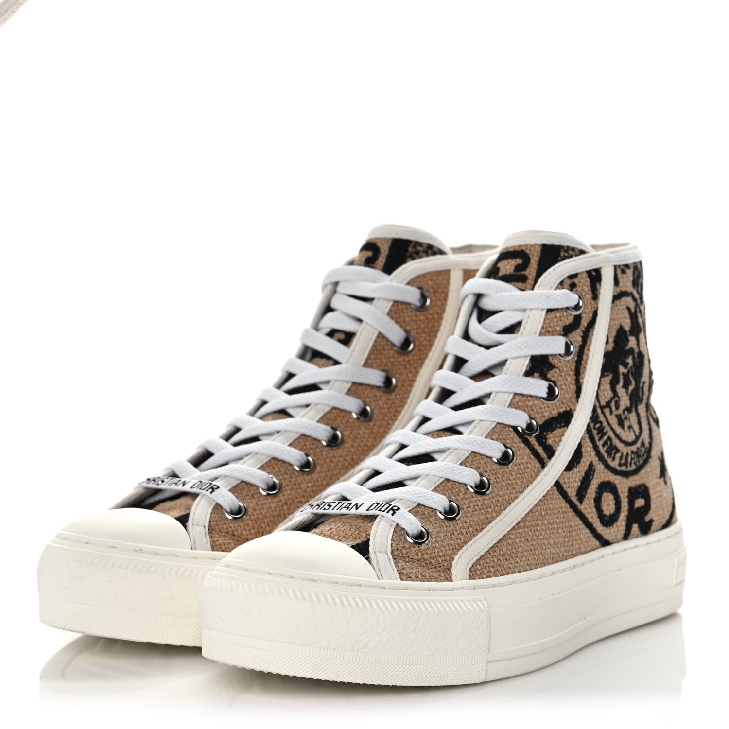 Christian Dior Jute Canvas Embroidered Motif High Top Sneakers 34.5 Beige 3 of 8