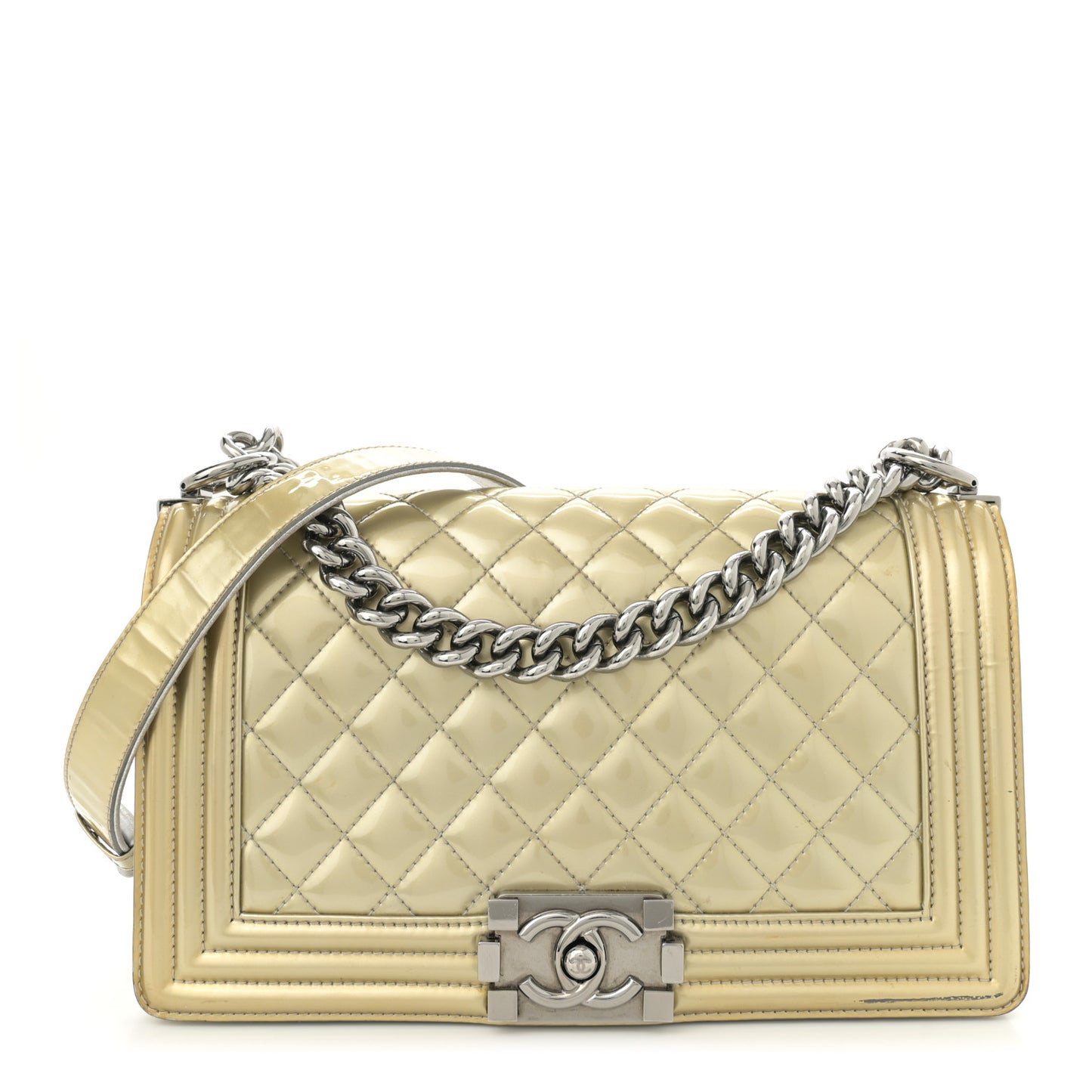Metallic Patent Calfskin Quilted Medium Boy Flap Gold
