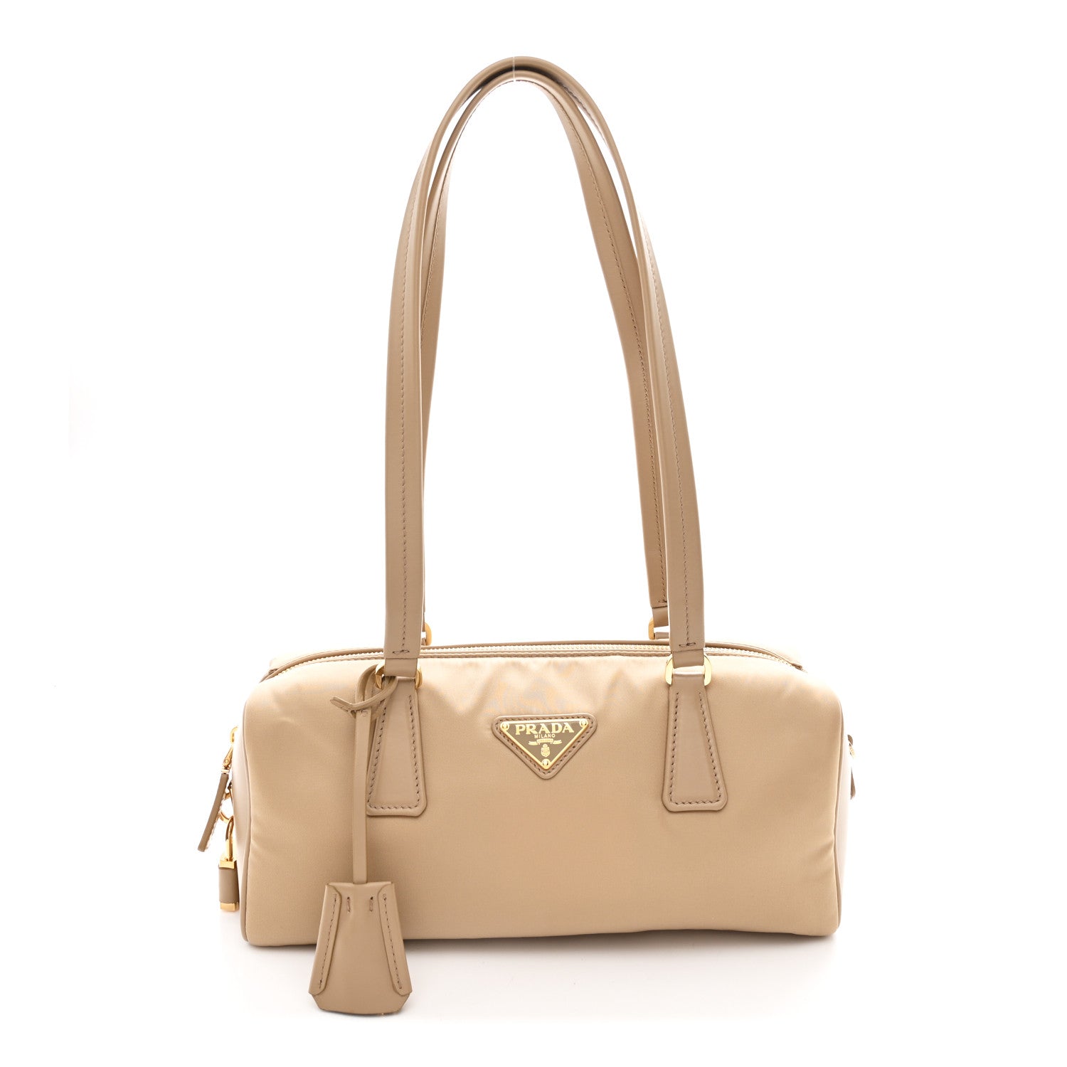 Prada Re-Nylon Vitello Medium Top Handle Bag With Padlock Cammeo