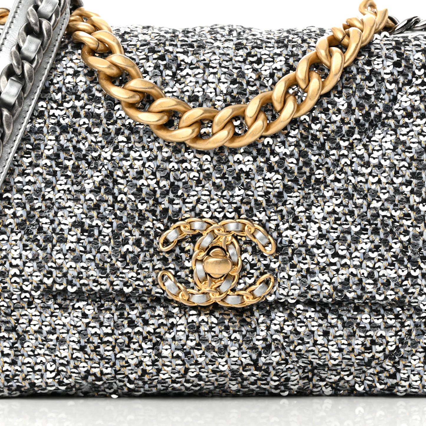 Sequin Quilted Medium Chanel 19 Flap Silver