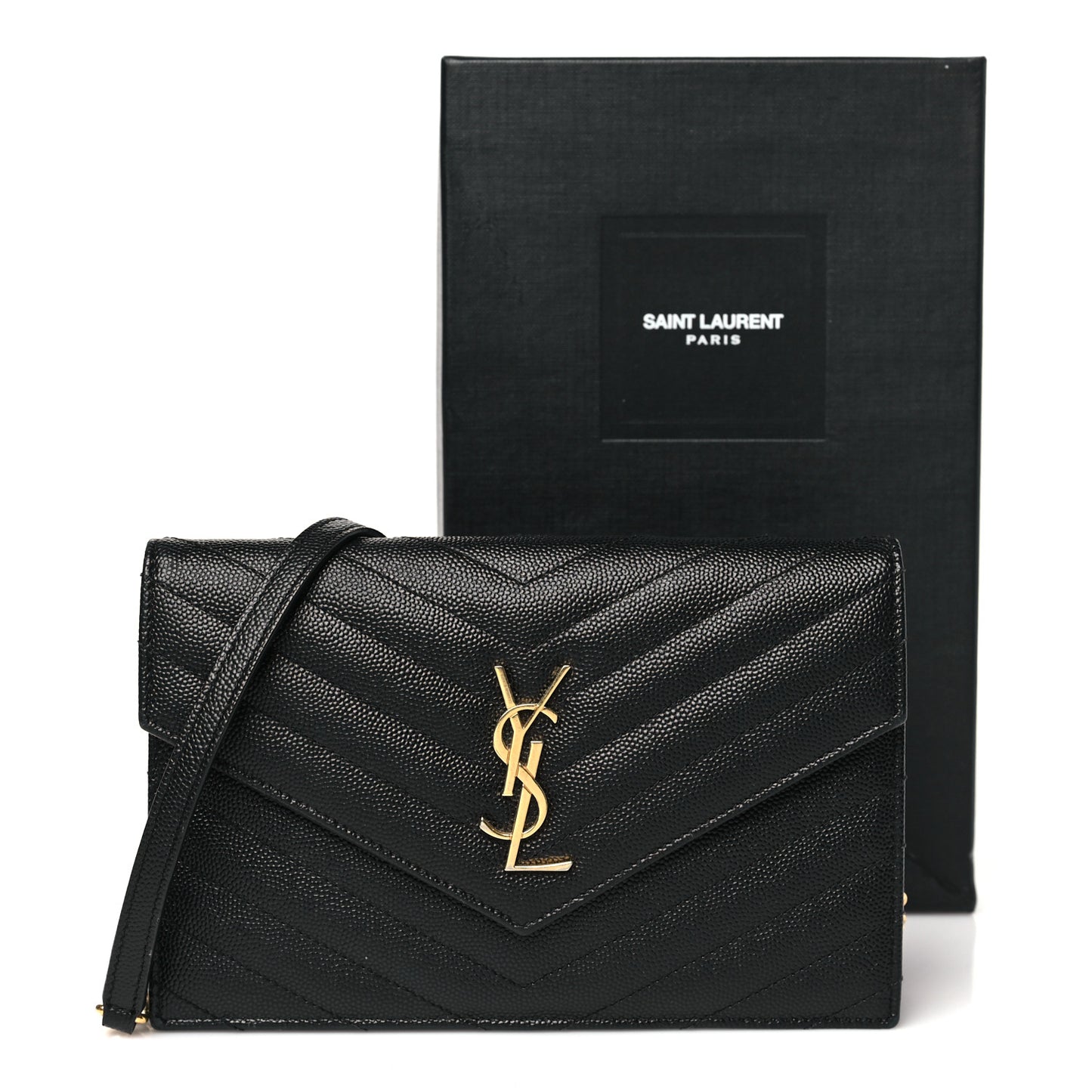 Grain De Poudre Matelasse Chevron Monogram Envelope Chain Wallet Black