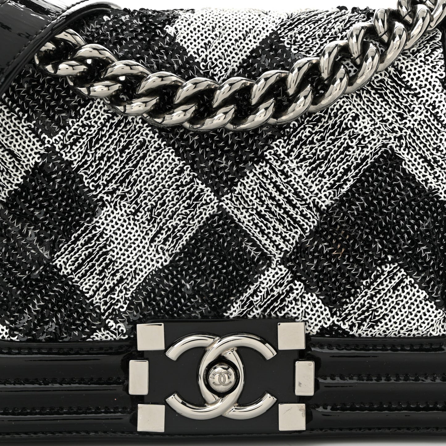Patent Iridescent Calfskin Sequin Medium Boy Flap Bag Black