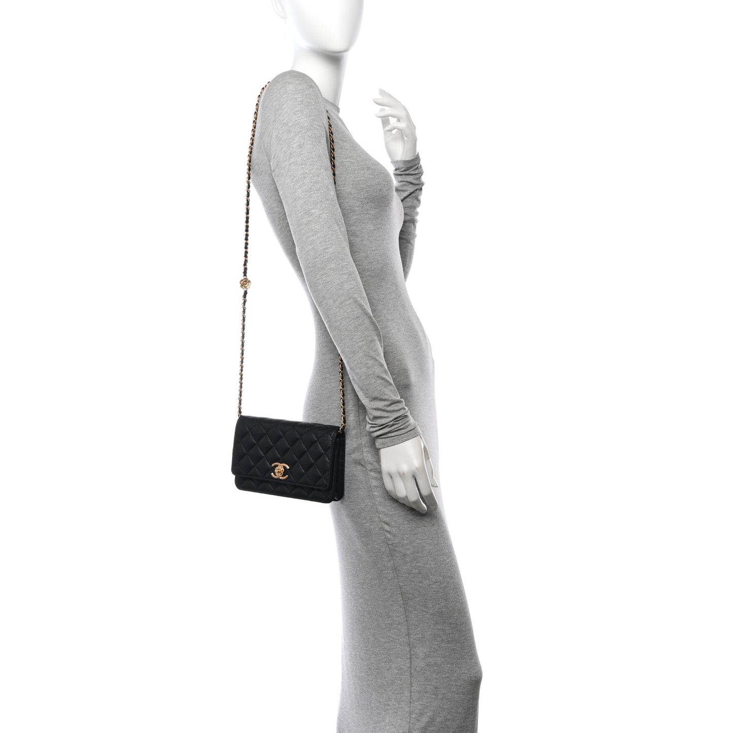 Caviar Quilted Camellia Wallet On Chain WOC Black