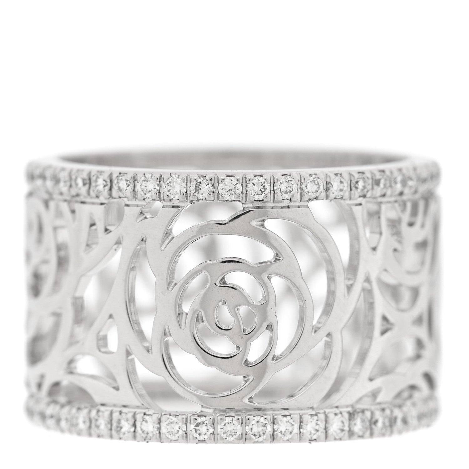 Chanel 18K White Gold Diamond Camellia Ajoure Band Ring 50 5.5