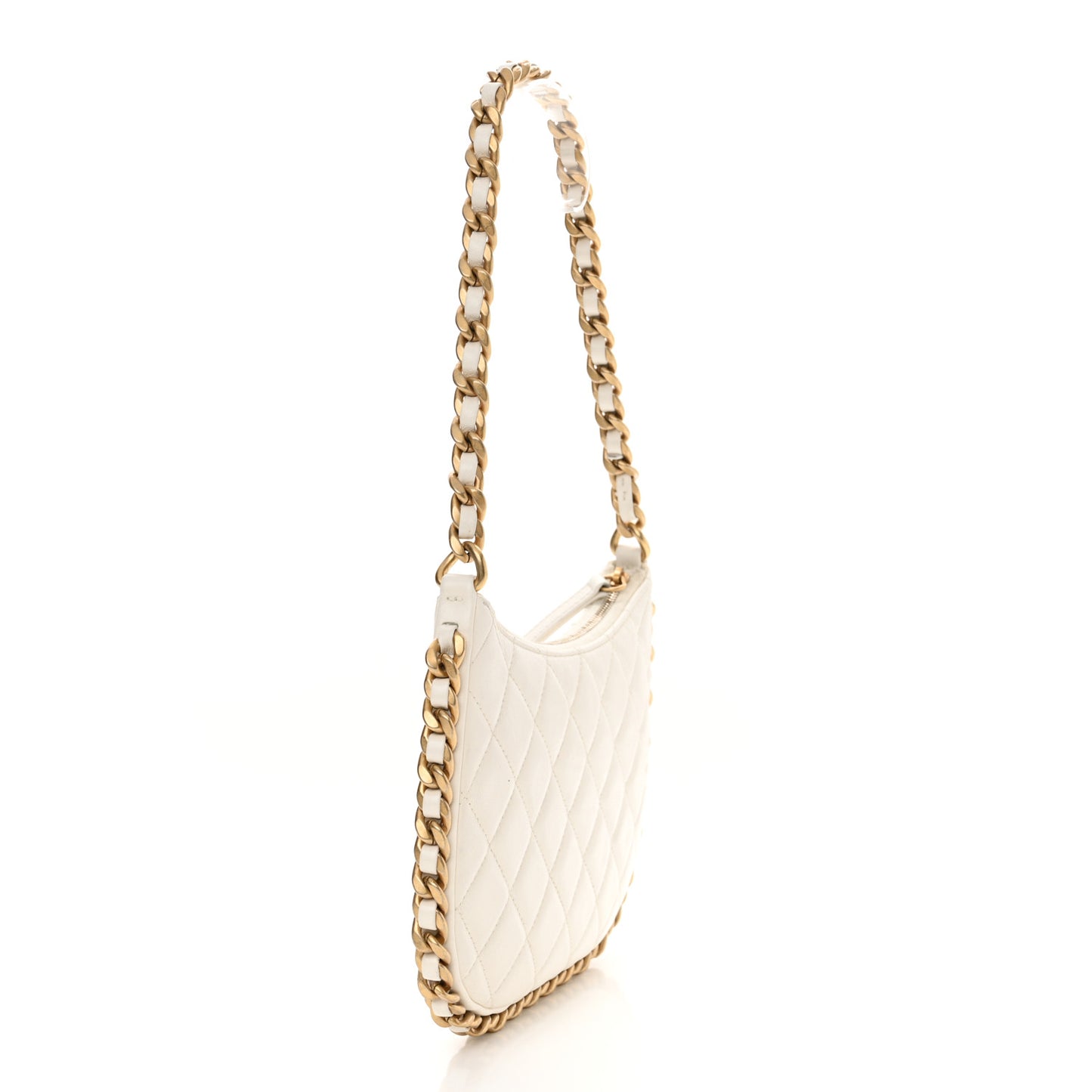 Shiny Crumpled Lambskin Quilted Trendy Chain Around Hobo White