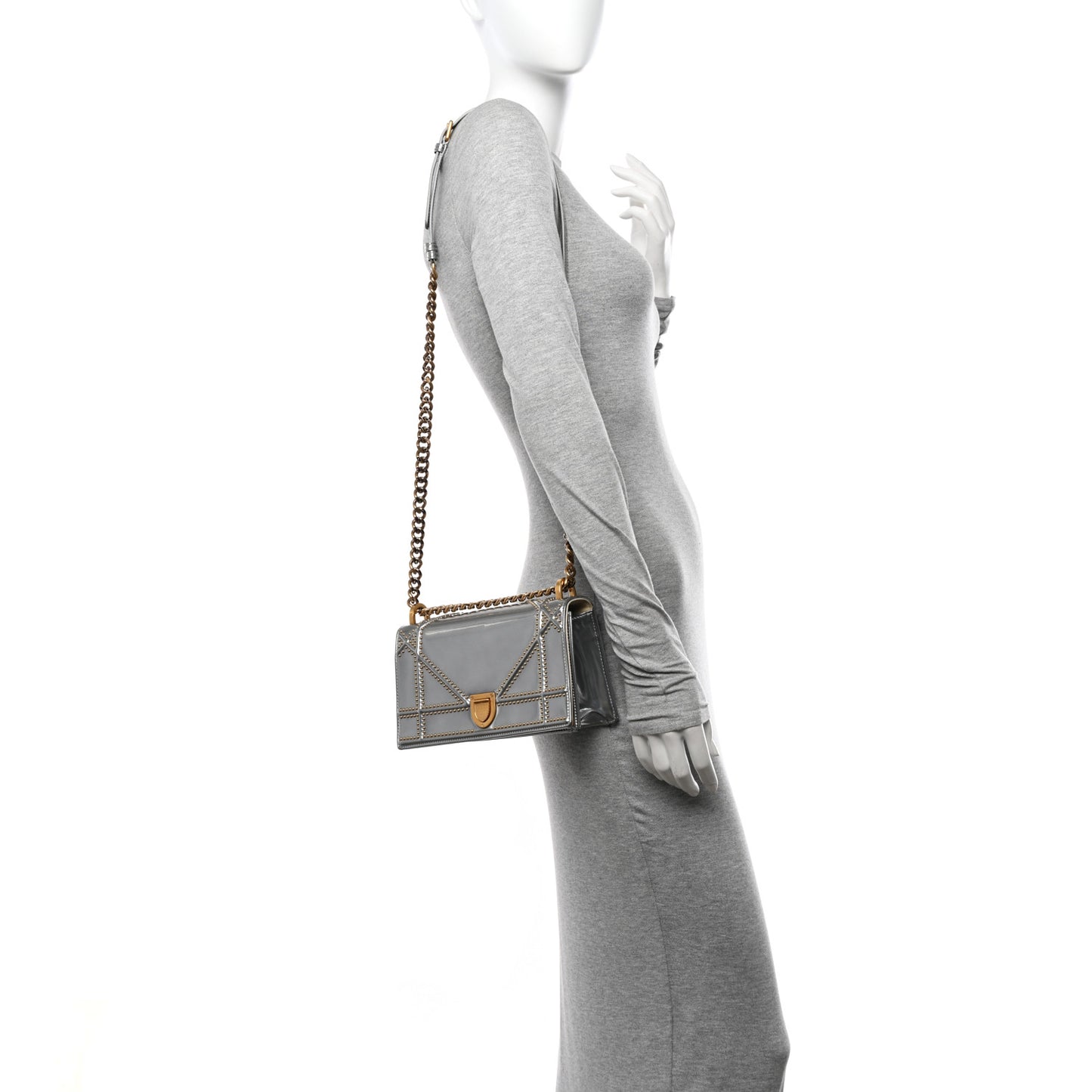 Metallic Patent Studded Small Diorama Flap Bag Silver