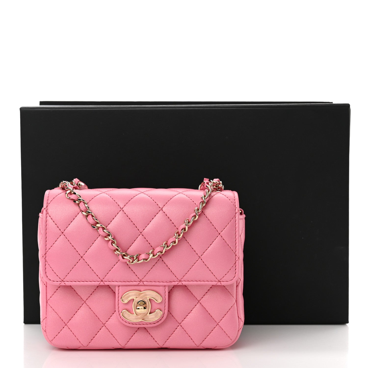 Chanel Lambskin Resin Quilted Mini Heart Square Flap Pink 11 of 11