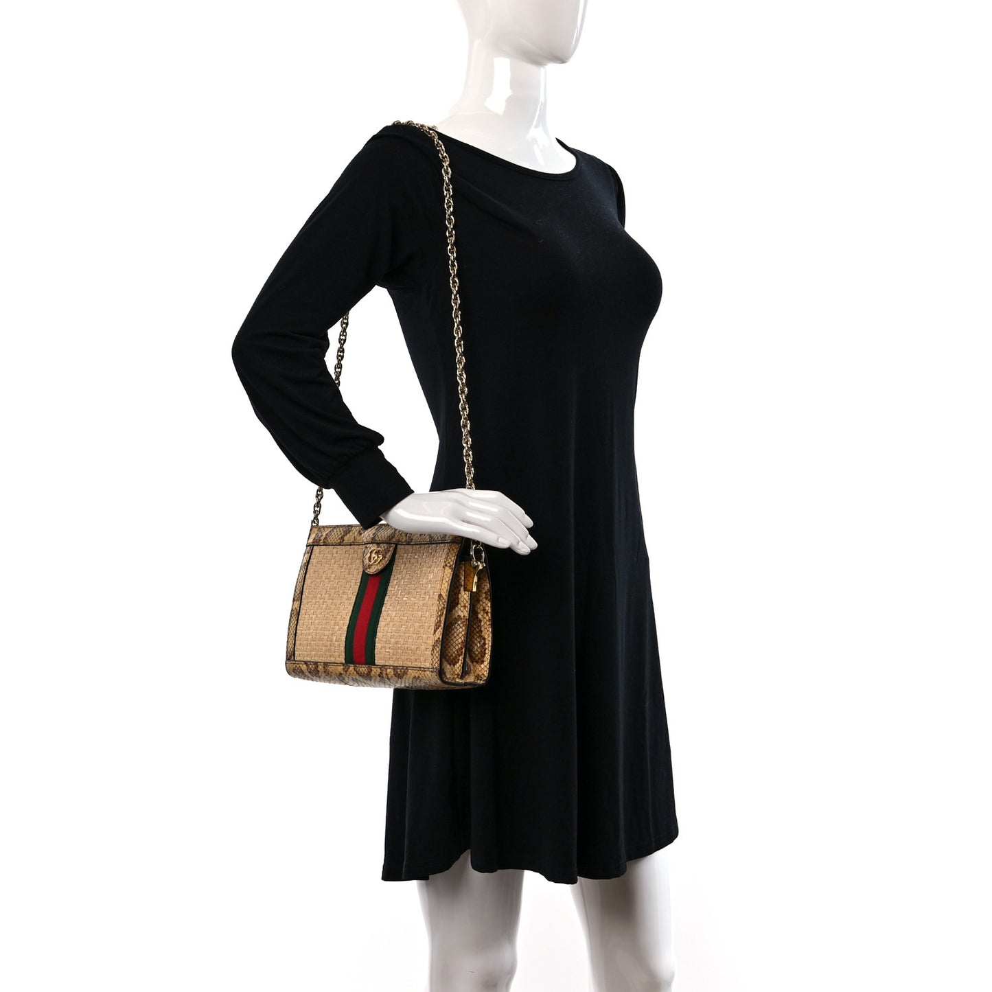 Raffia Elaphe GG Small Ophidia Chain Shoulder Bag Natural Cream Brown