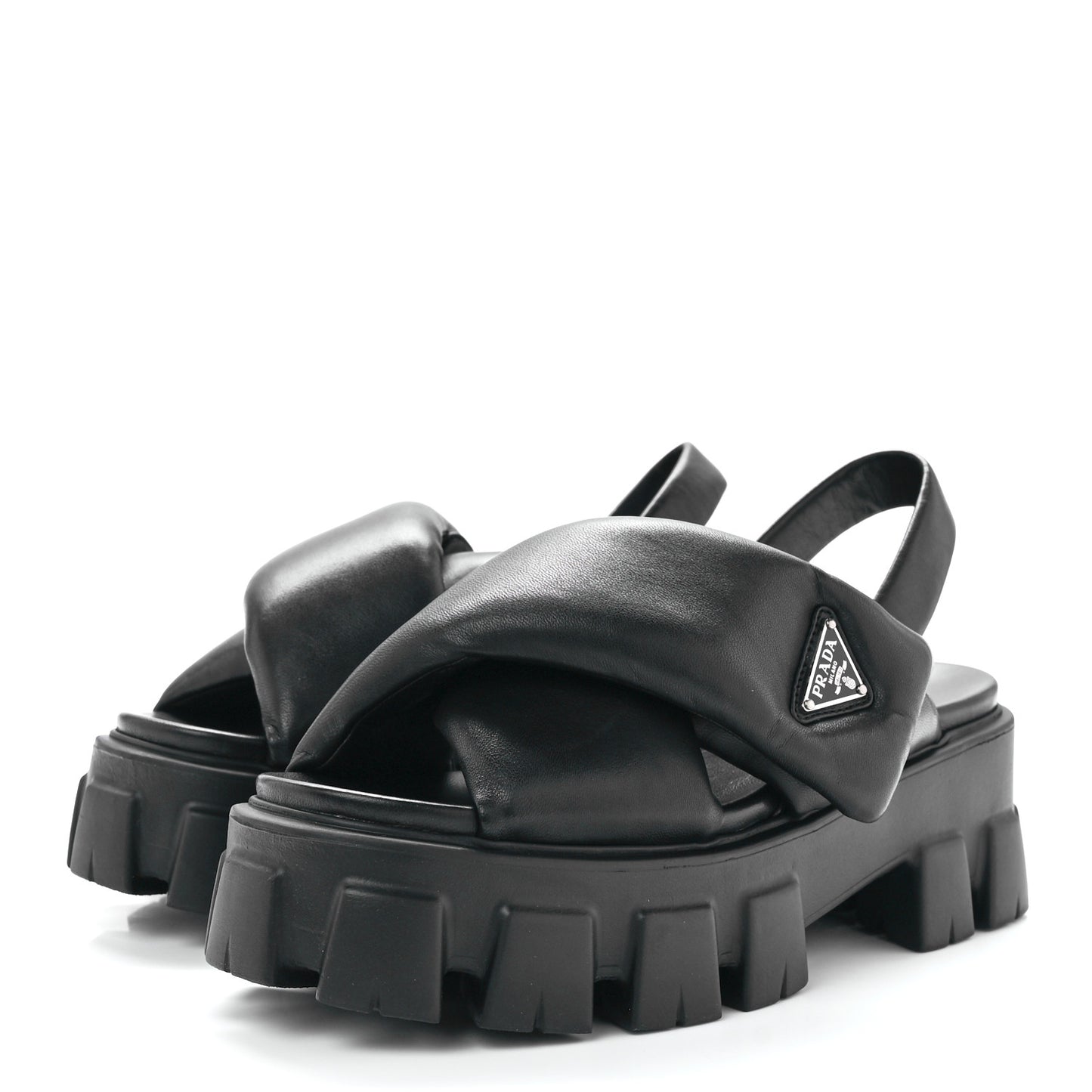 Nappa Soft Metal Triangle Logo Padded Monolith 55mm Slingback Sandals 39 Black