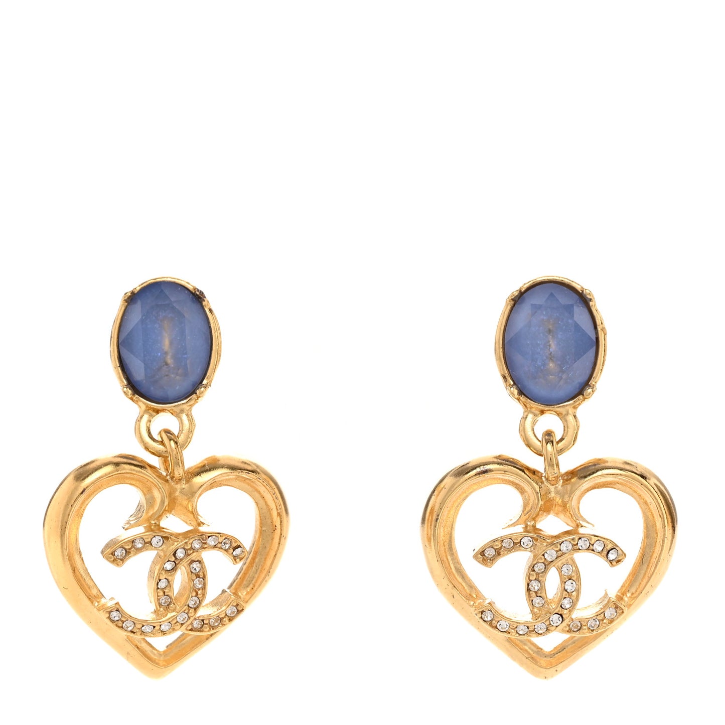 Metal Crystal CC Heart Drop Earrings Gold Blue