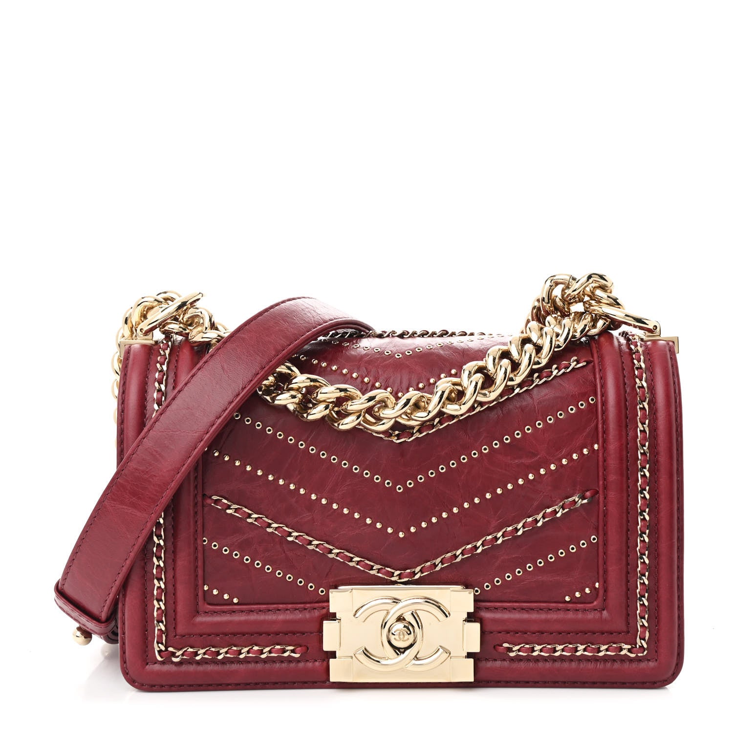 Chanel Crumpled Calfskin Chevron Small Chain Boy Flap Burgundy 1 of 11