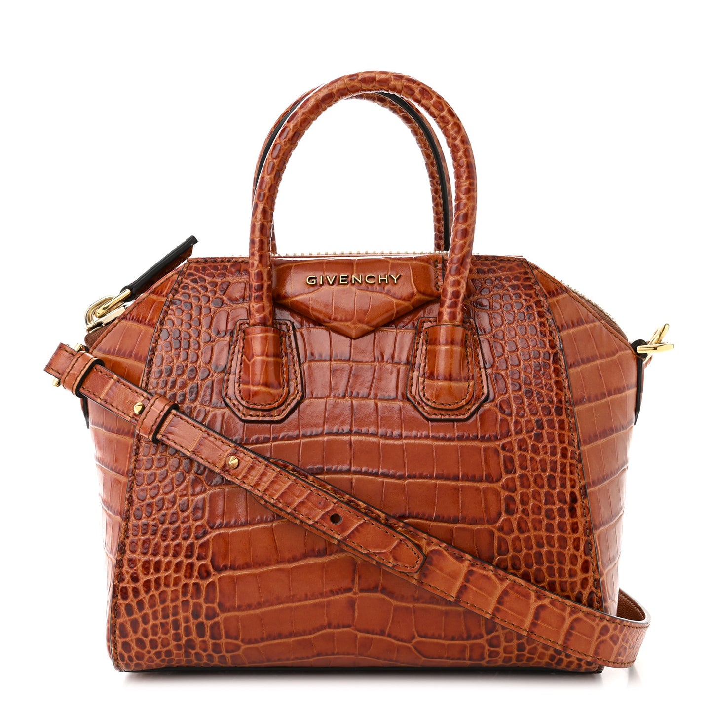 Calfskin Crocodile Embossed Mini Antigona Cognac