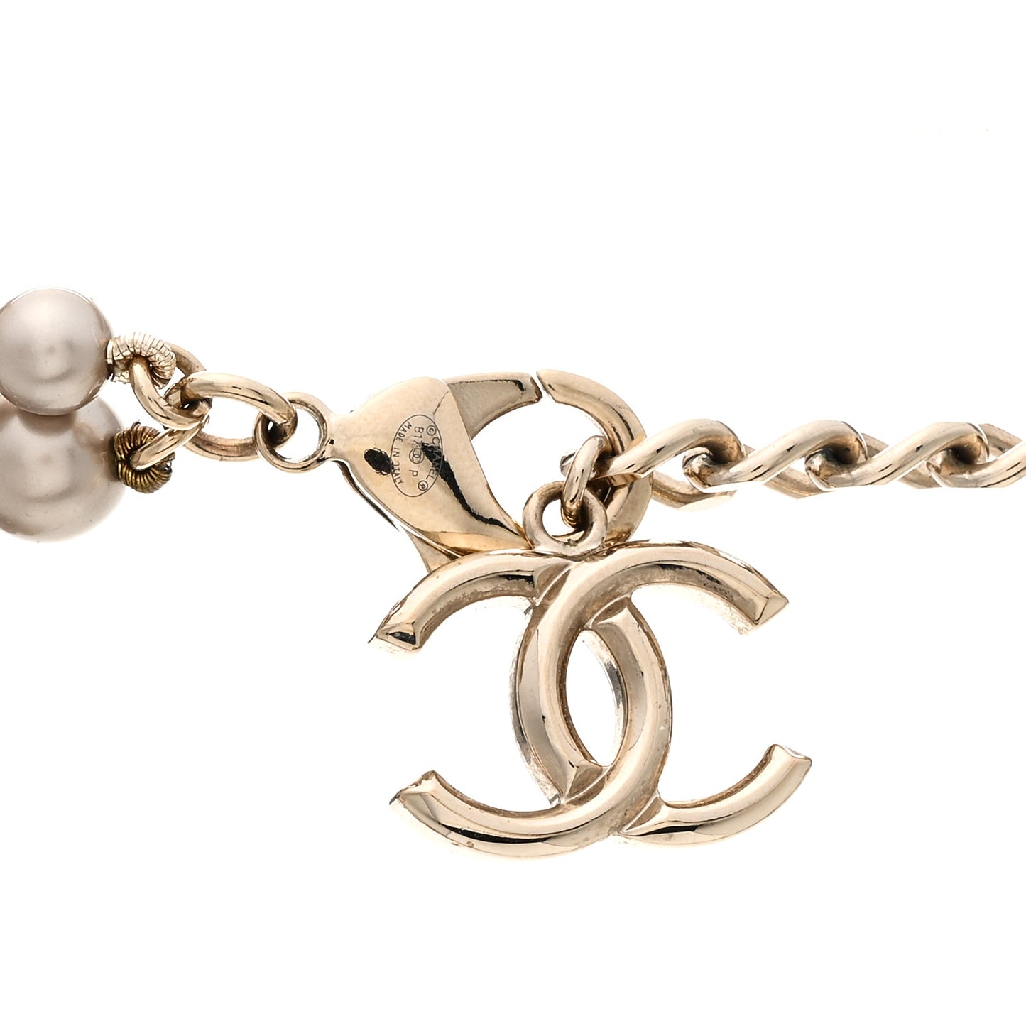 Resin Pearl Metal CC Long Necklace Golden Pearly Beige