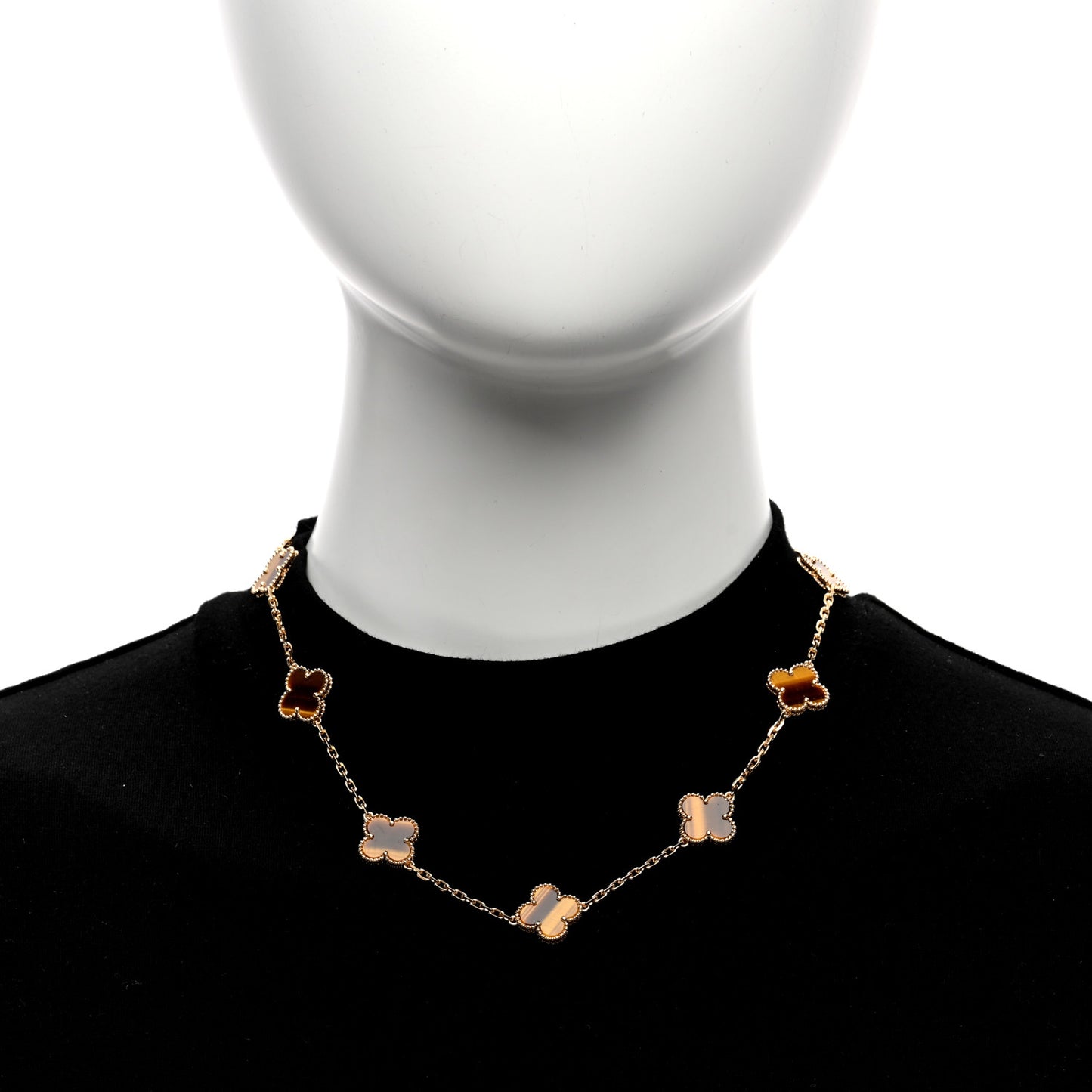 18K Yellow Gold Tiger Eye 10 Motifs Vintage Alhambra Necklace