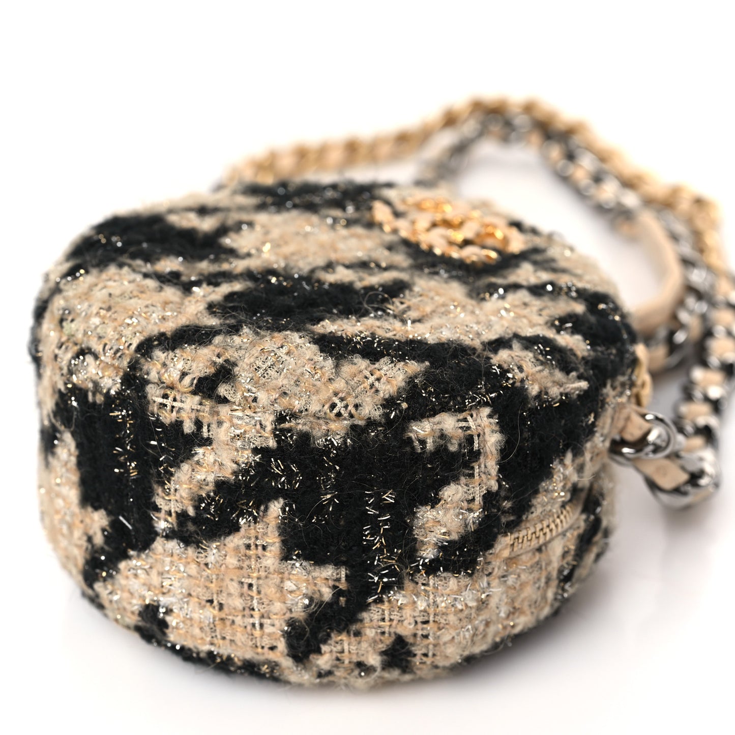 Wool Tweed Lambskin Quilted Chanel 19 Round Clutch With Chain and Coin Purse Beige Black