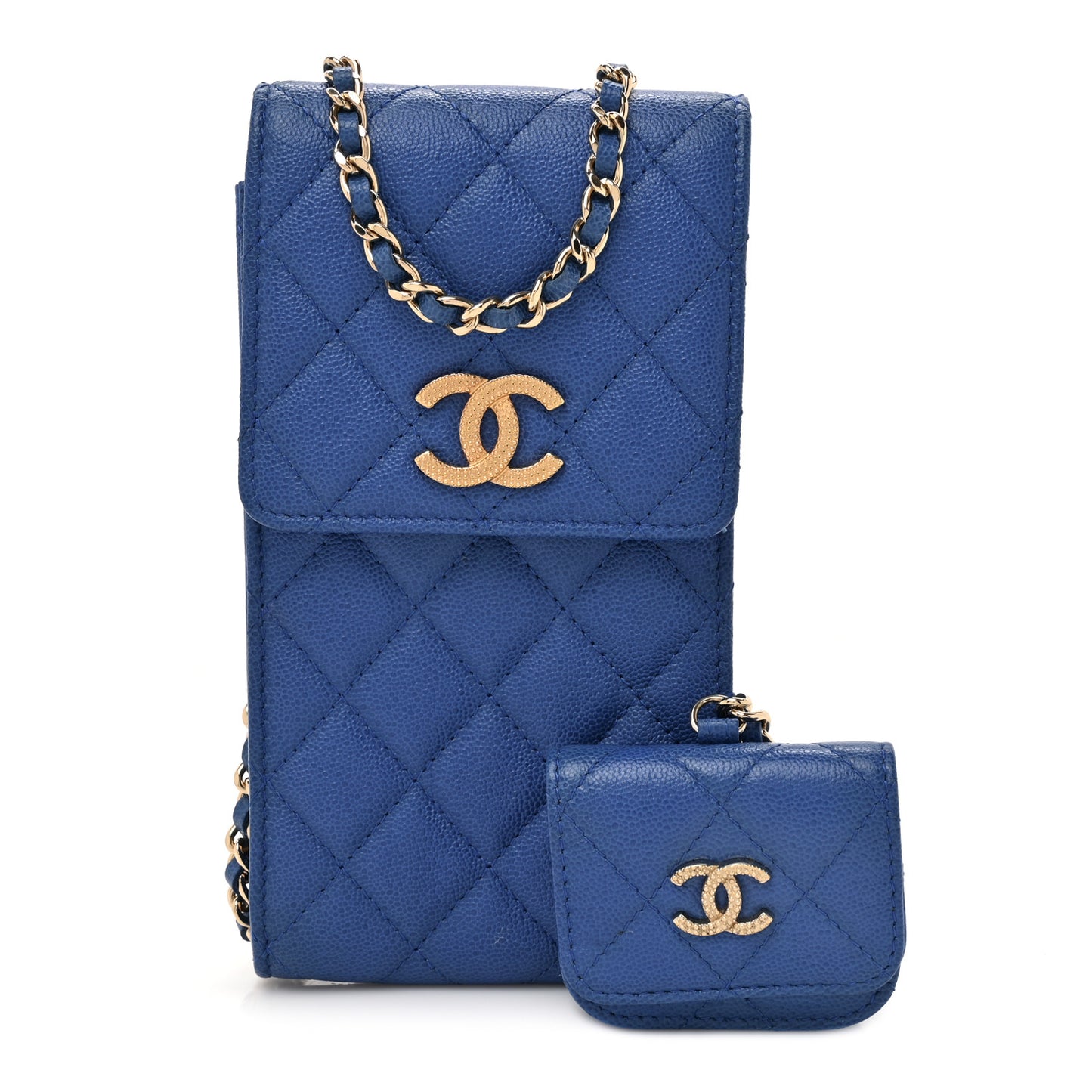 Caviar Quilted CC Airpods Pro and Phone Case With Chain Blue