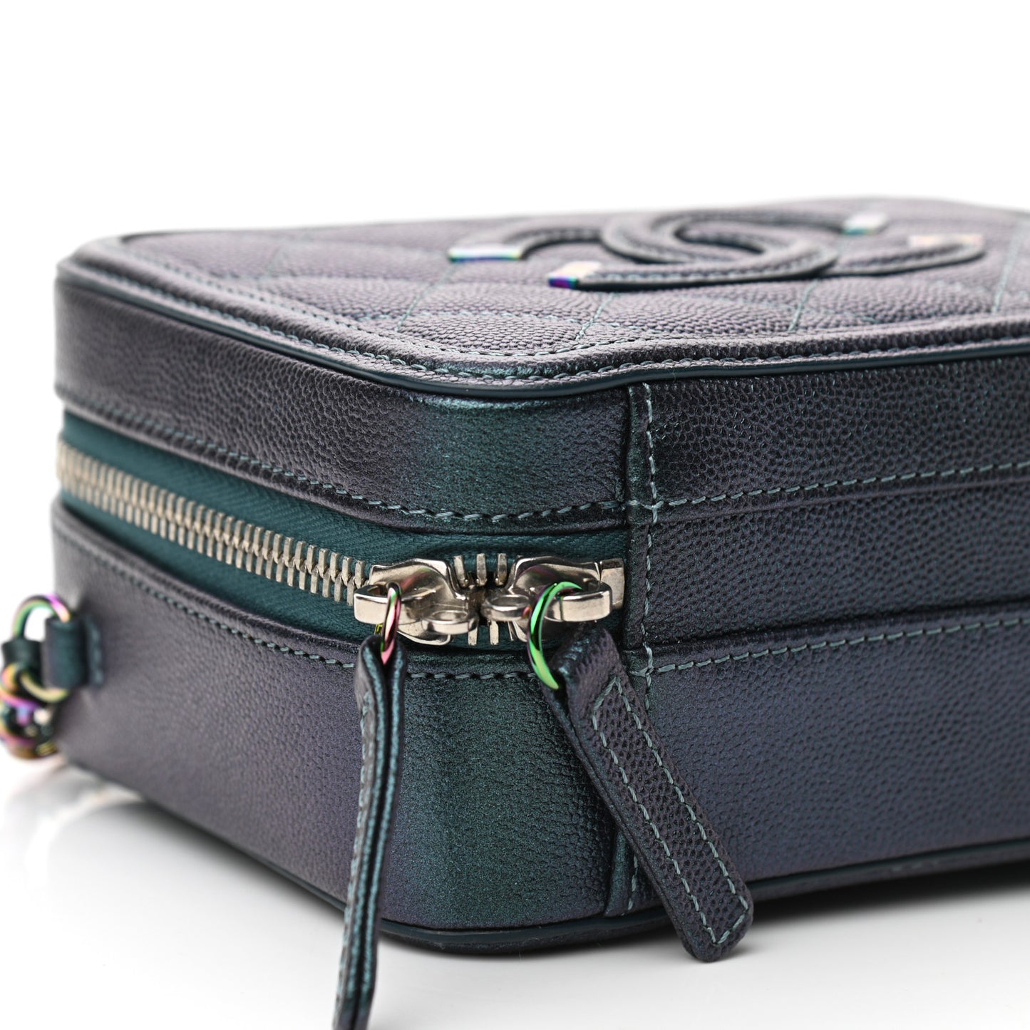 Iridescent Caviar Quilted Small CC Filigree Vanity Case Dark Turquoise