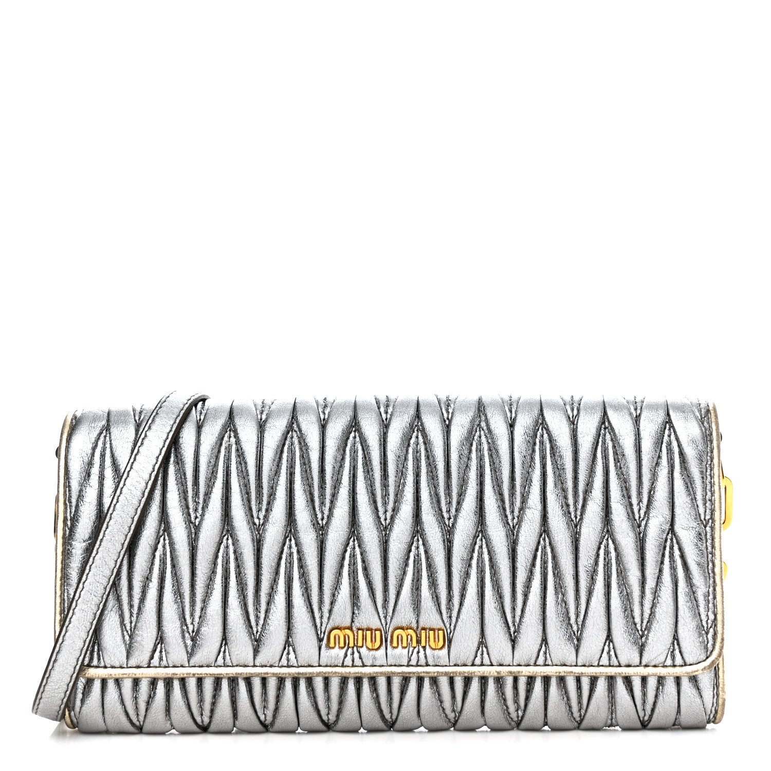 Miu Miu Metallic Nappa Matelasse Wallet On Chain Silver 1310917