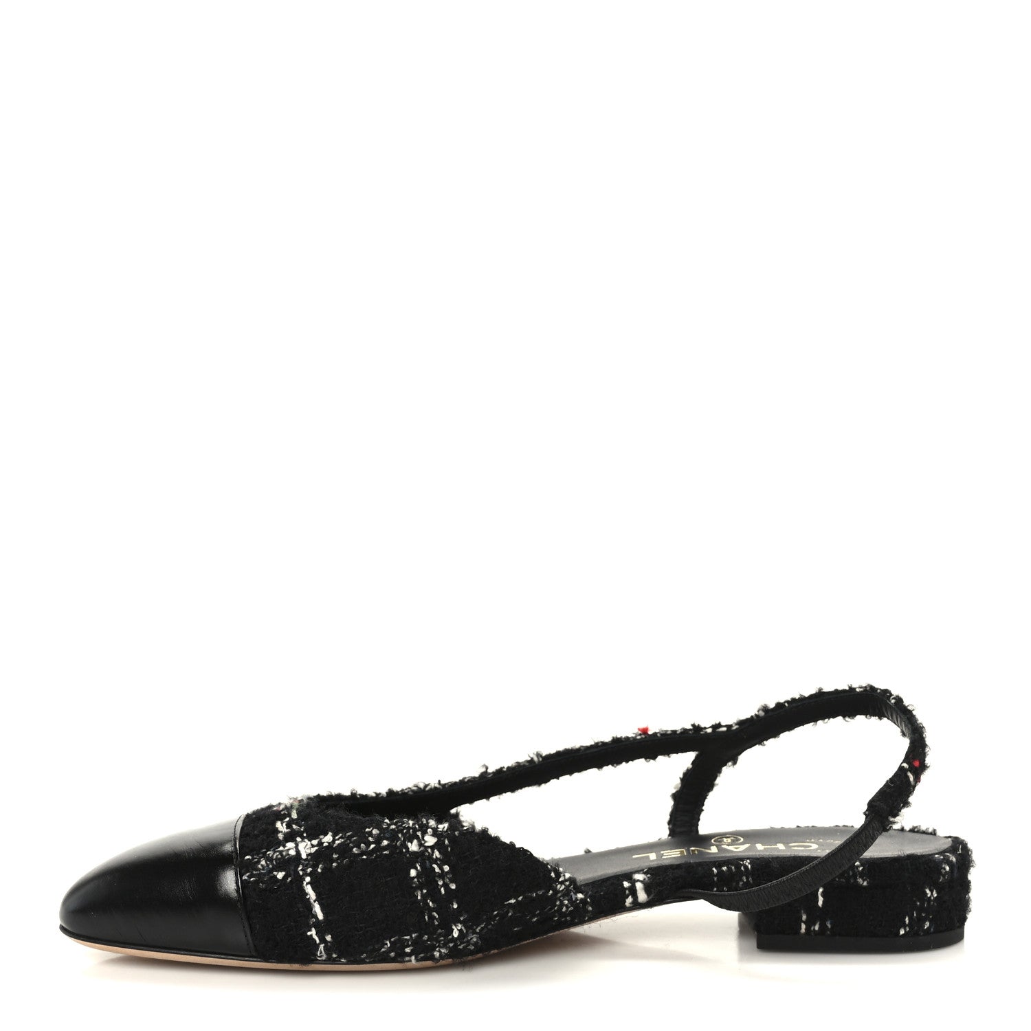 Chanel Tweed Lambskin Cap Toe CC Slingback Flats 39 Black White