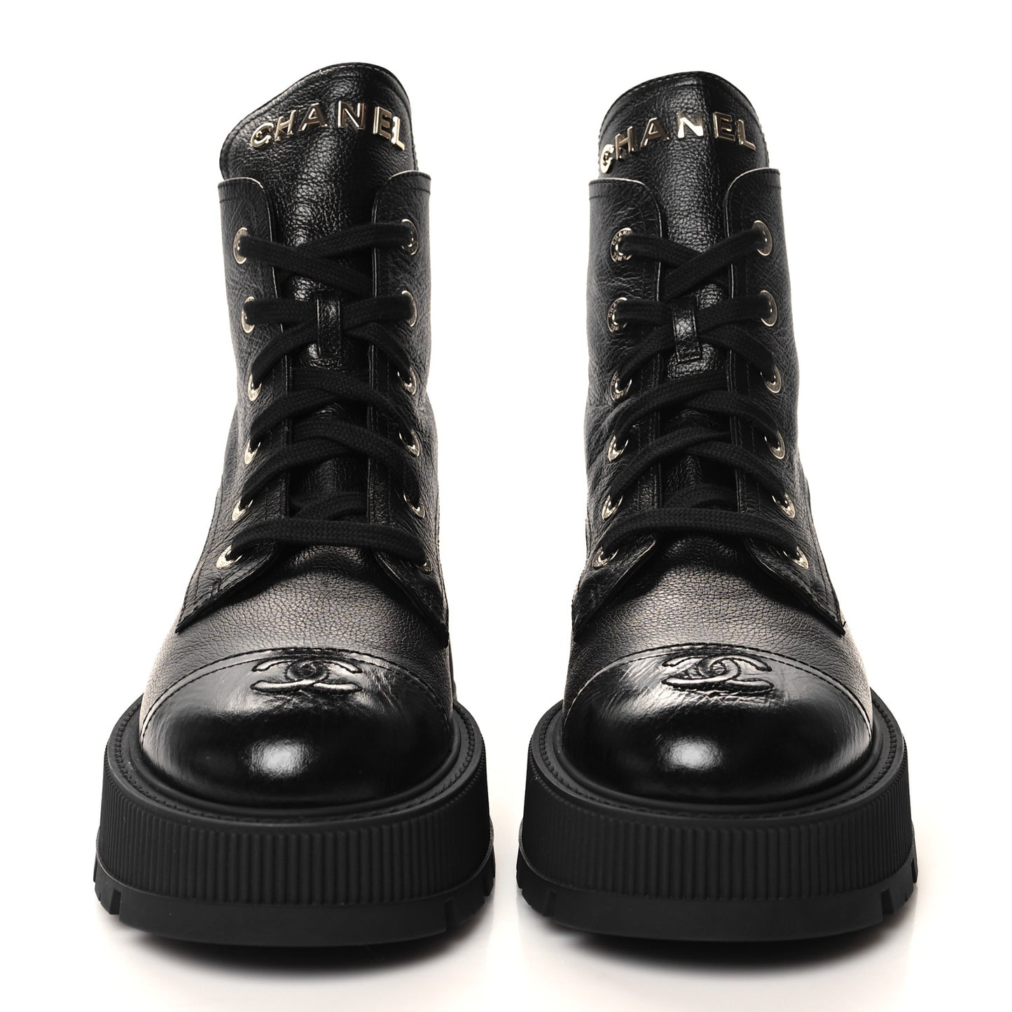 Grained Calfskin Shiny Calfskin CC Lace Up Combat Boots 40 Black