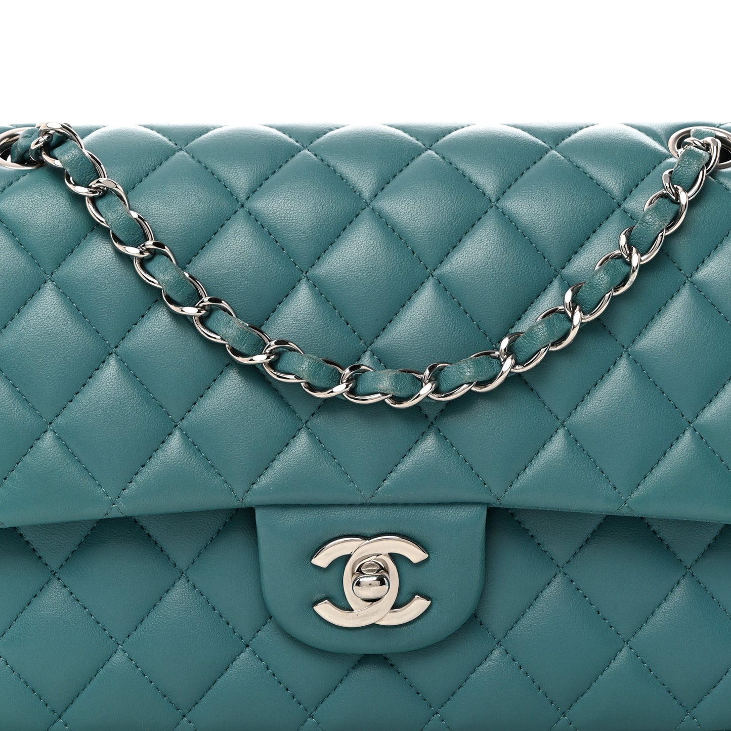 Lambskin Quilted Medium Double Flap Light Blue