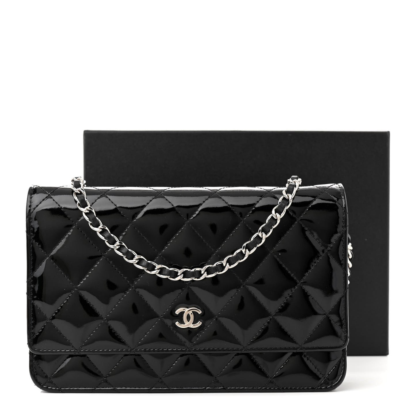 Patent Quilted Wallet On Chain WOC Black