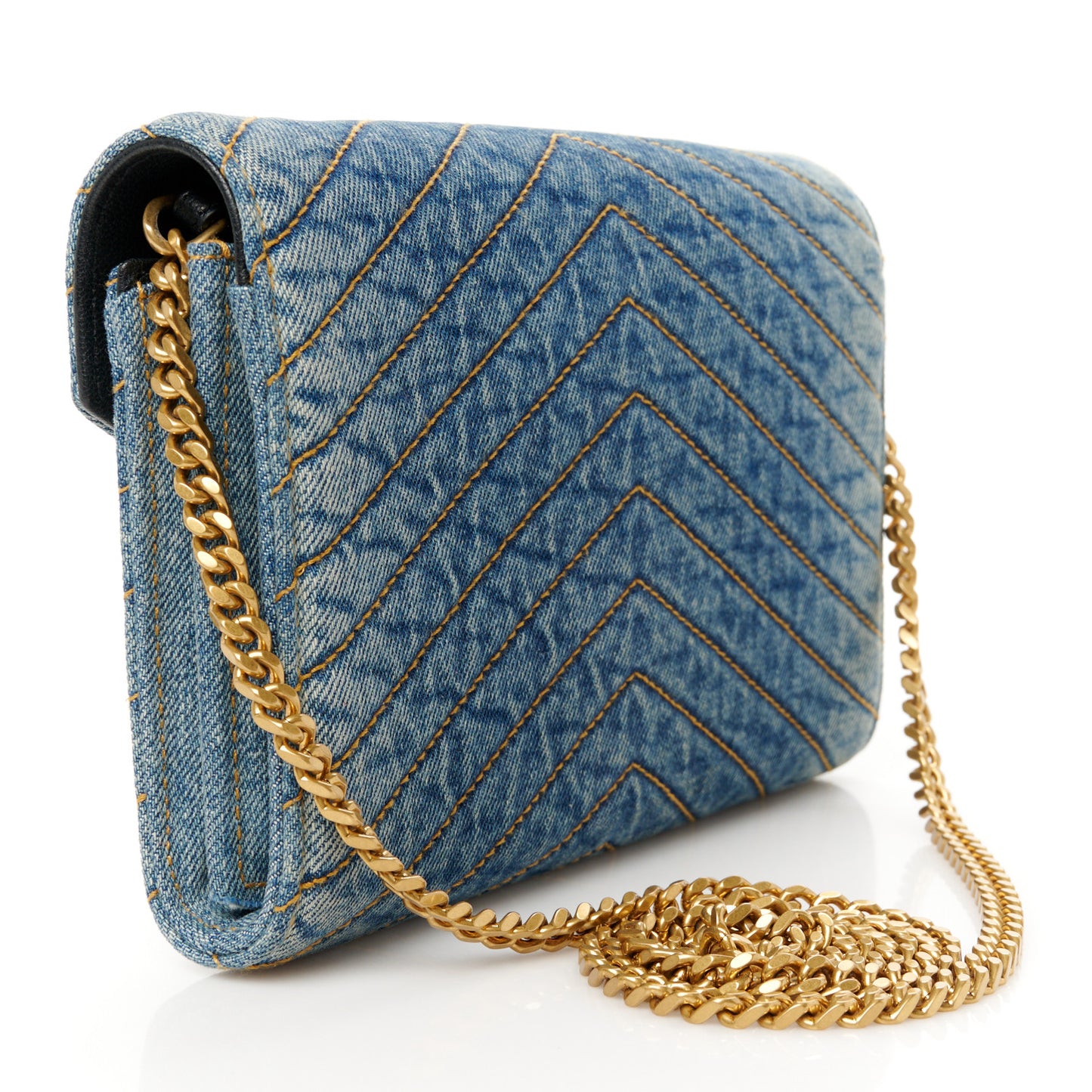 Denim Matelasse Chevron Monogram Chain Wallet Blue Jeans