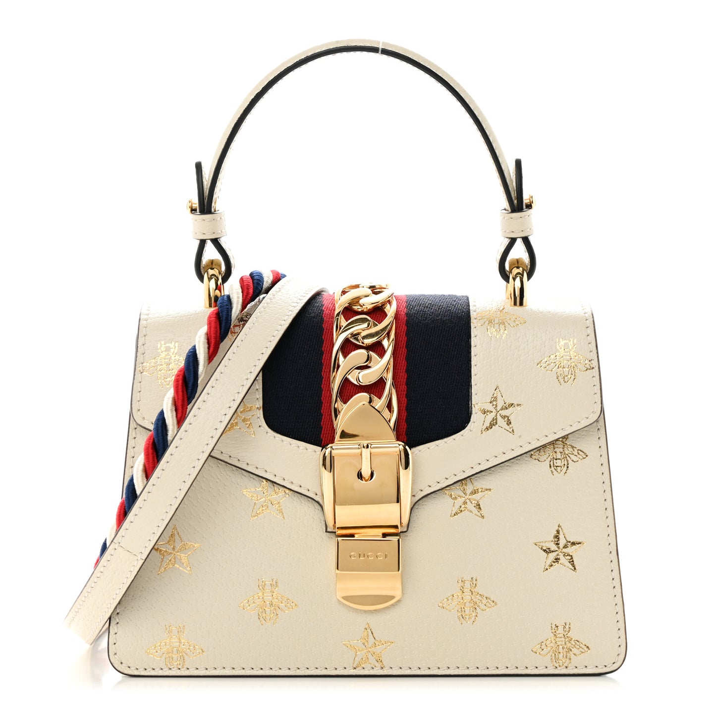 Textured Calfskin Bee Star Print Mini Sylvie Top Handle Bag Mystic White