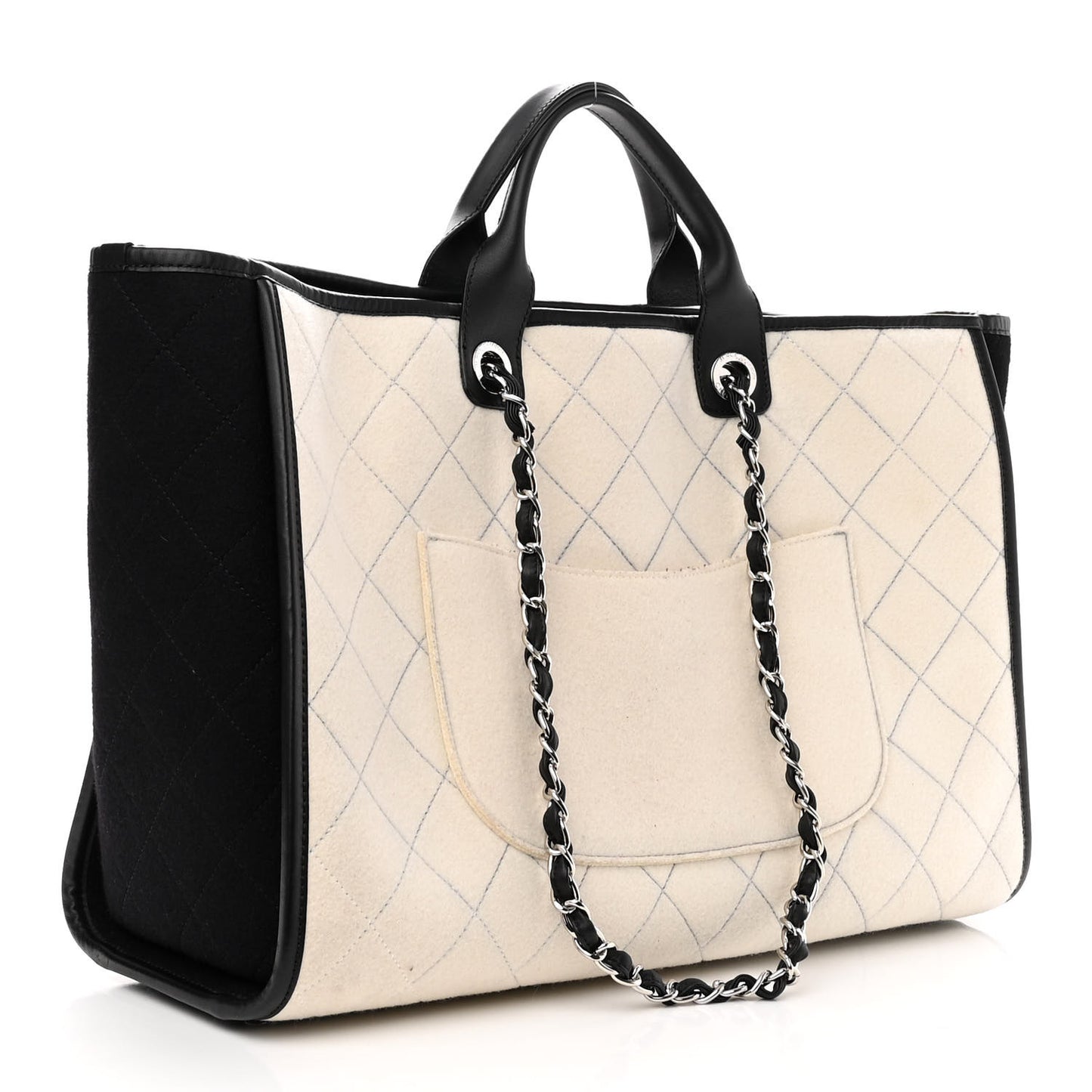 Wool Felt Calfskin Large Deauville Tote White Black
