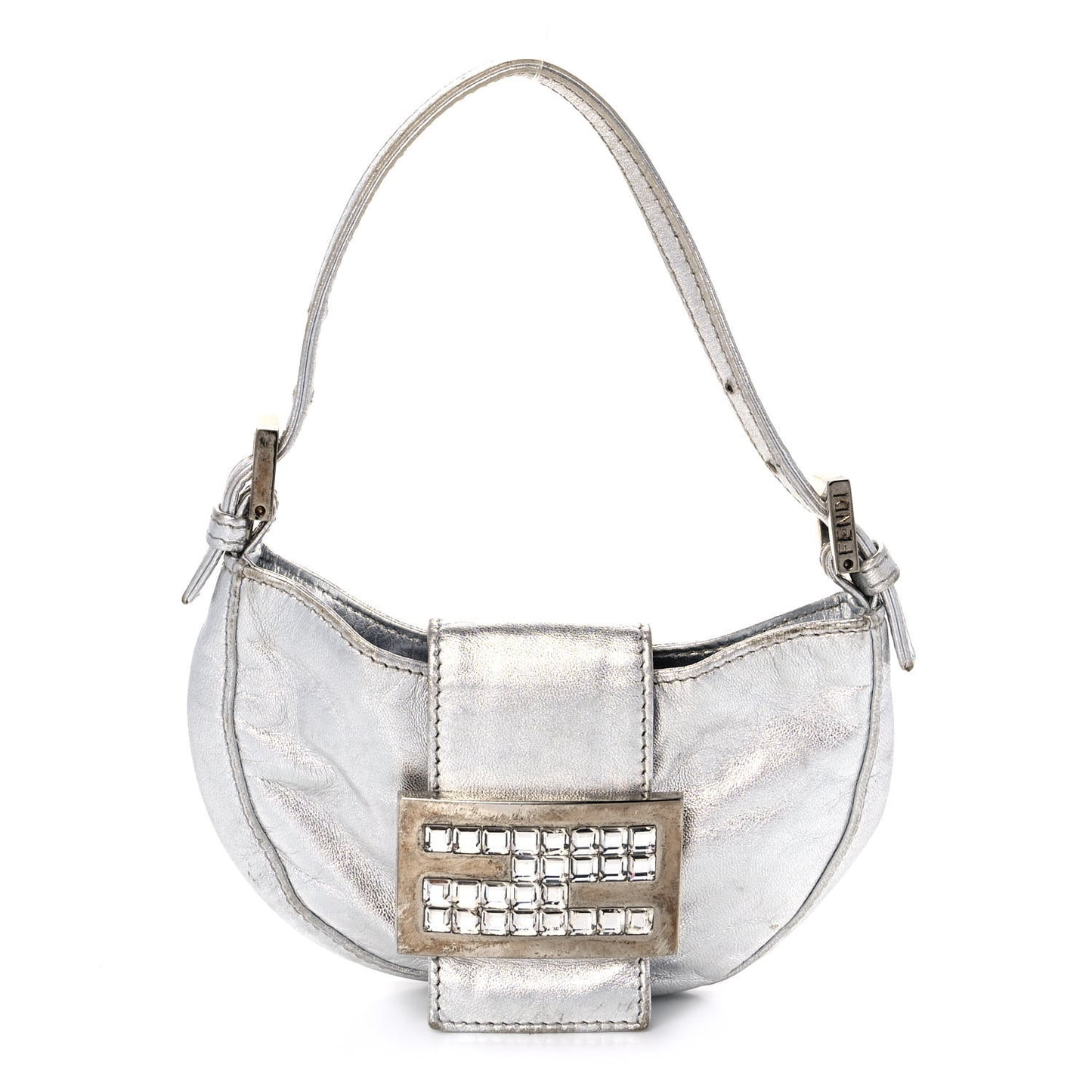 Metallic Calfskin Crystal Mini Half Moon Baguette Silver