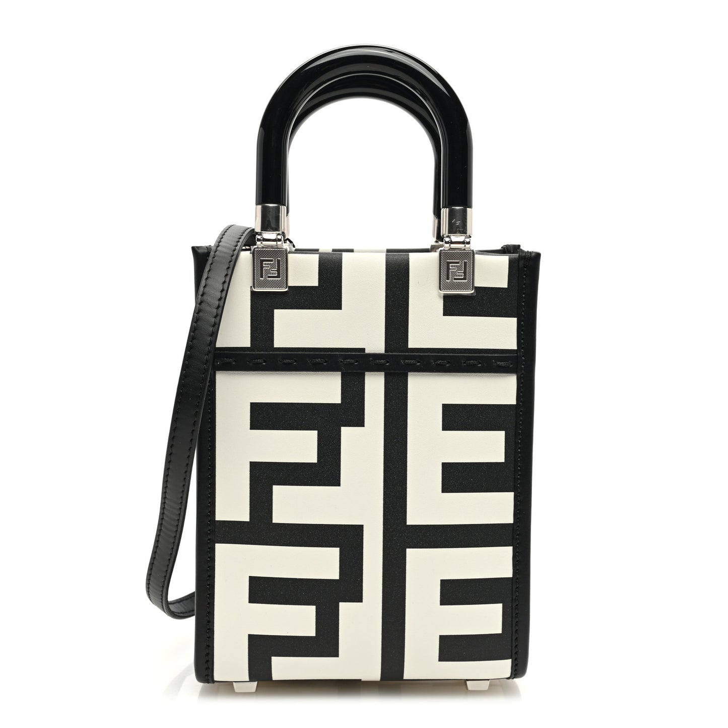 X MARC JACOBS Vitello King Plexiglass Logo Print Mini Fendi Sunshine Shopper Tote Black White