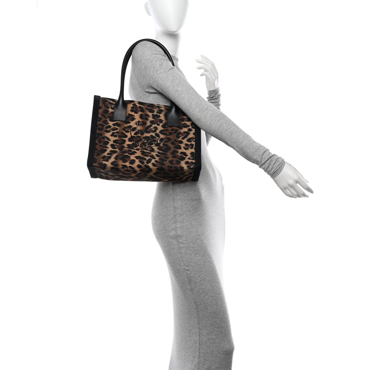 Canvas Calfskin Kitty Print Small Nastroloubi Tote Brown Black