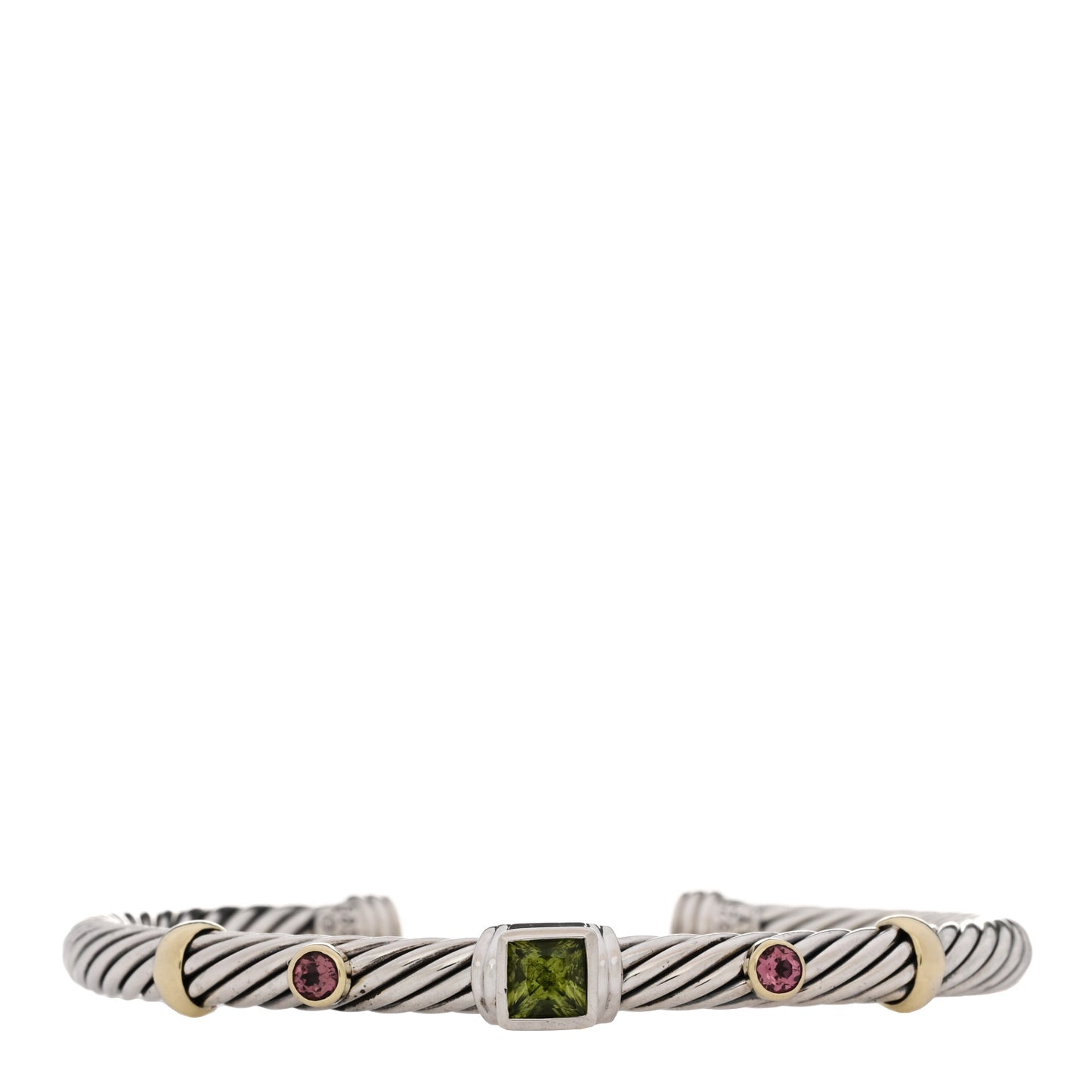 Sterling Silver 14K Yellow Gold Peridot Pink Tourmaline 5mm Cable Renaissance Station Bracelet