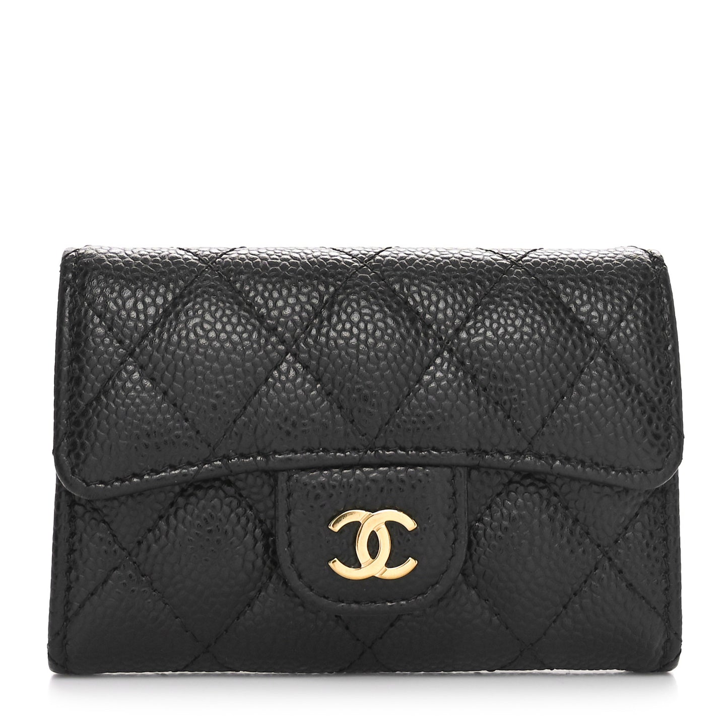 Caviar Quilted Flap Card Holder Wallet Black