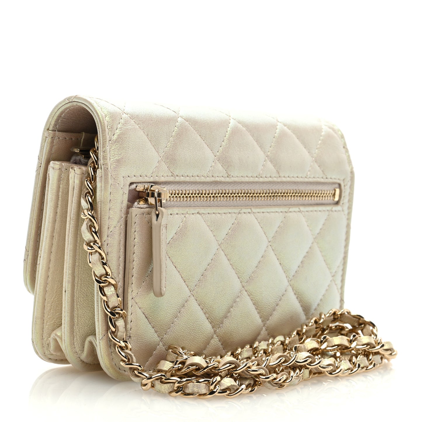 Iridescent Lambskin Quilted Mini Wallet On Chain WOC Ivory