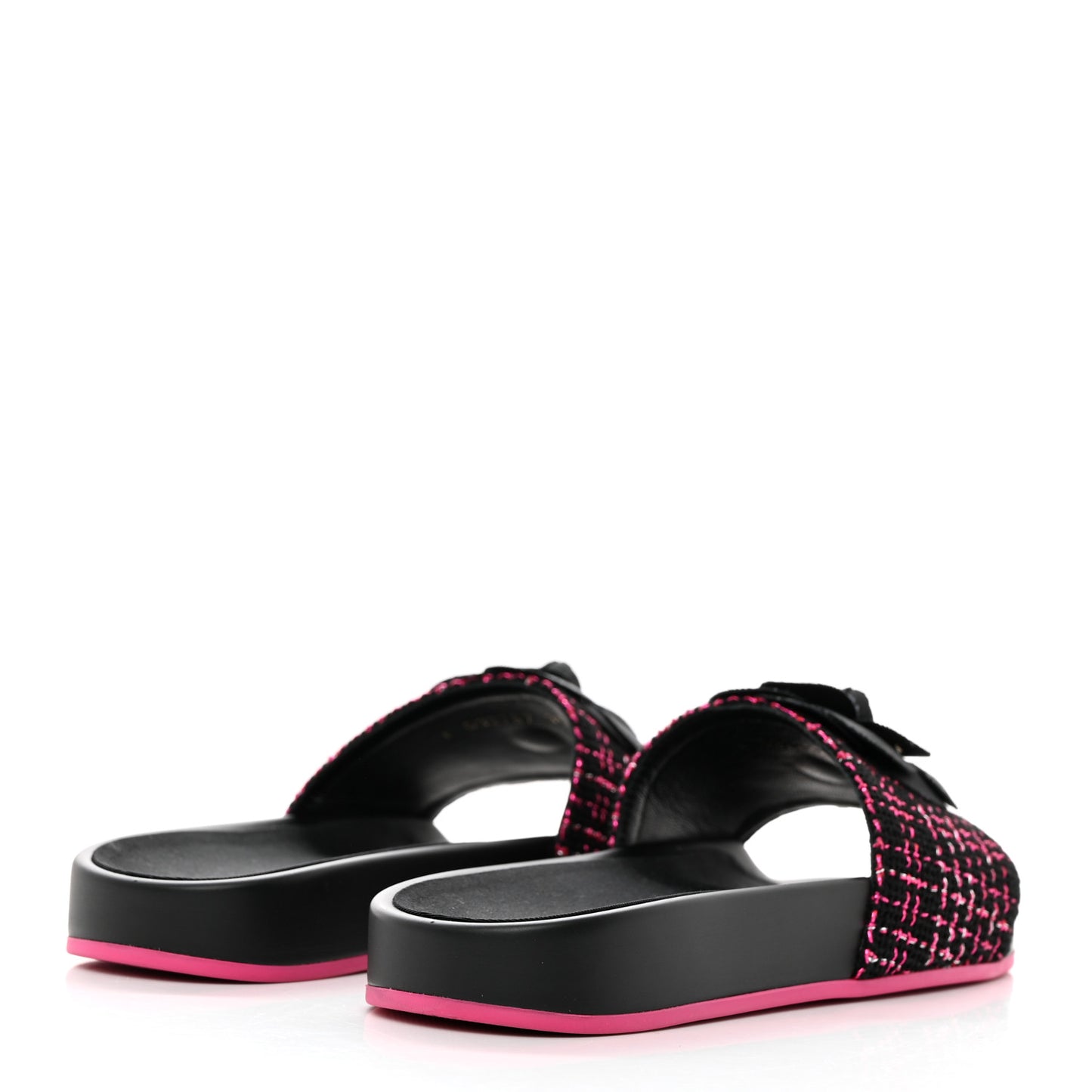 Tweed Grosgrain Camellia CC Flat Mules 35 Black Pink