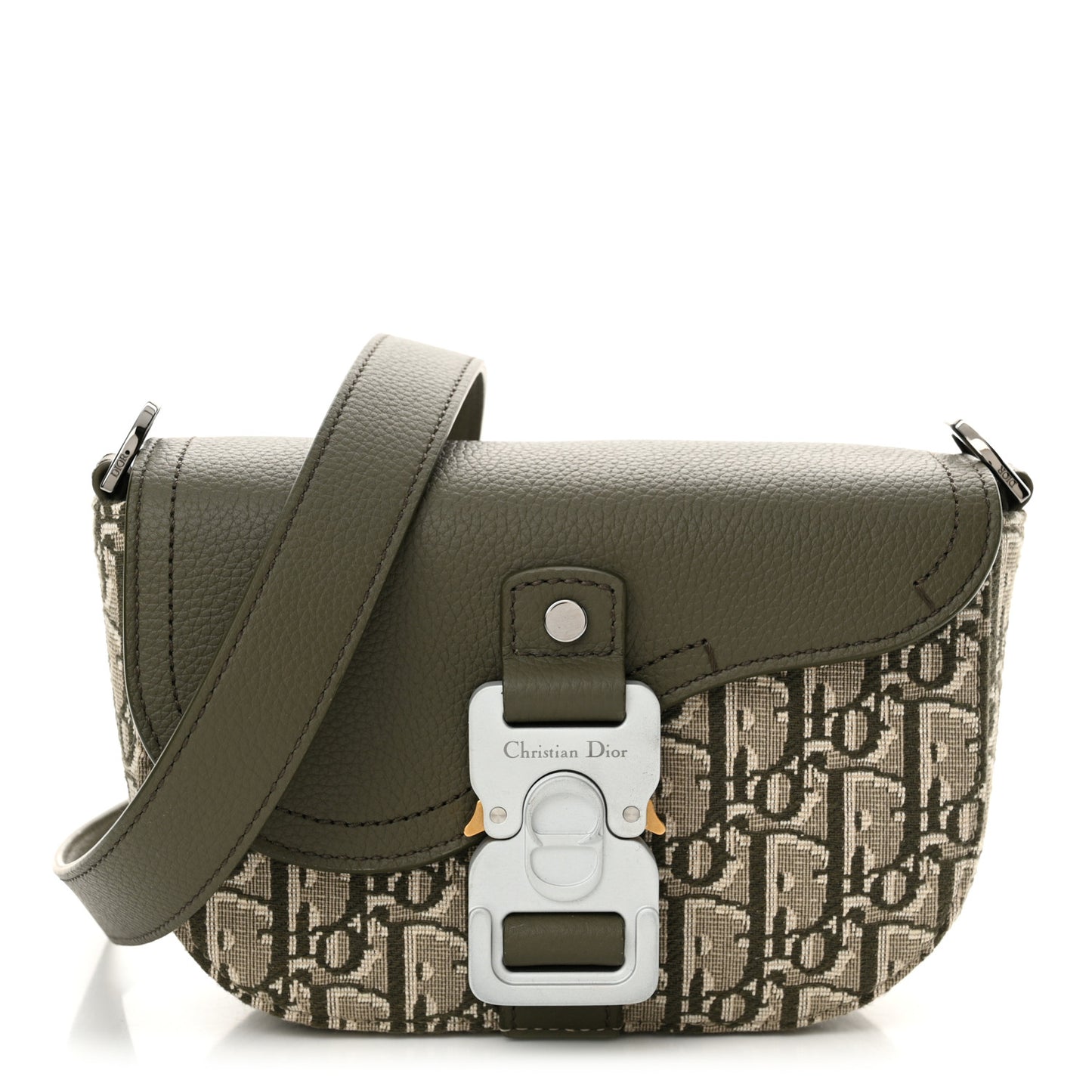 Oblique Jacquard Grained Calfskin Mini Saddle Messenger Bag With Flap Green