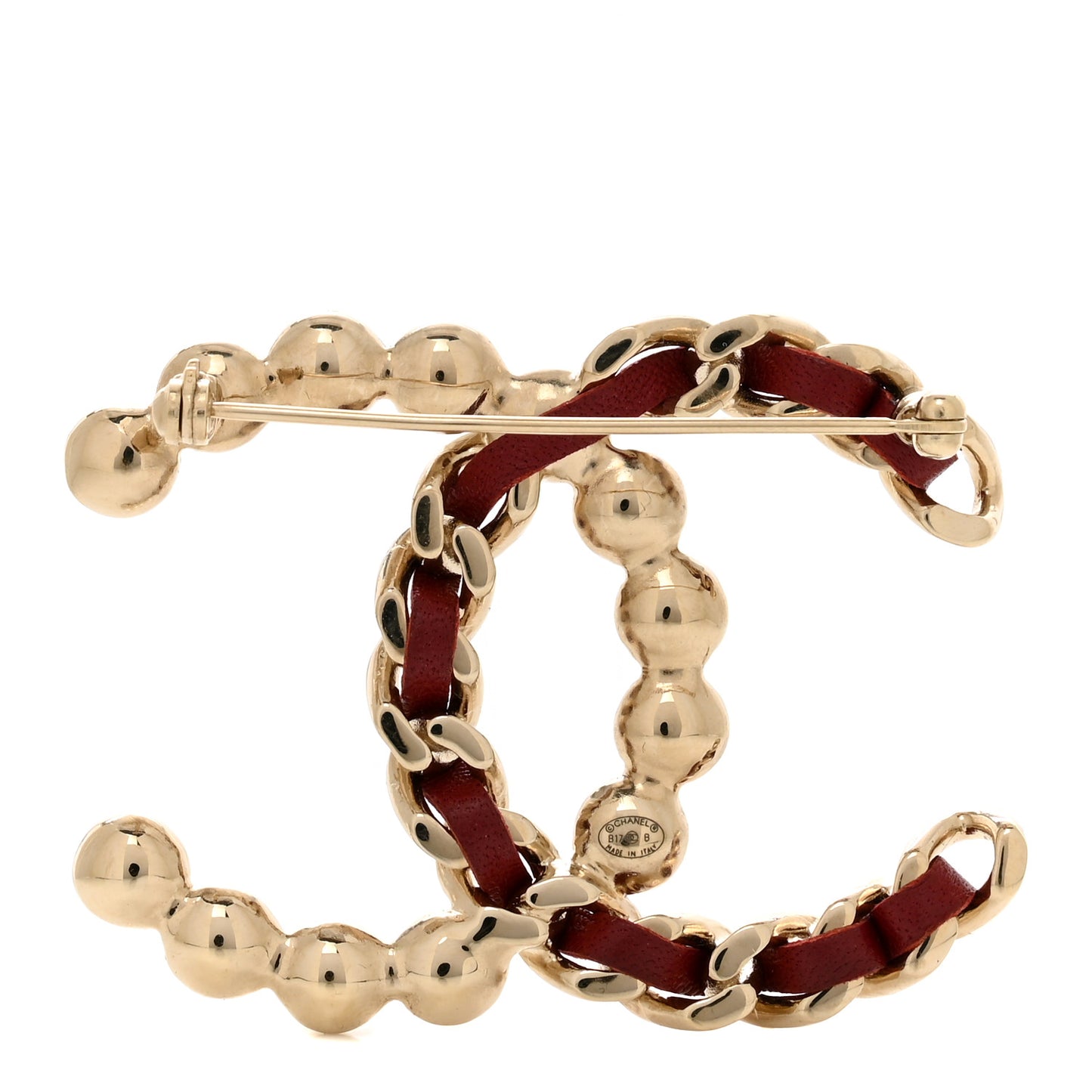 lambskin Pearl CC Chain Brooch Red Gold