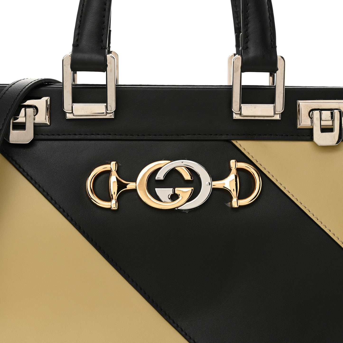Smooth Calfskin Diagonal Striped Small Zumi Top Handle Bag Black Beige