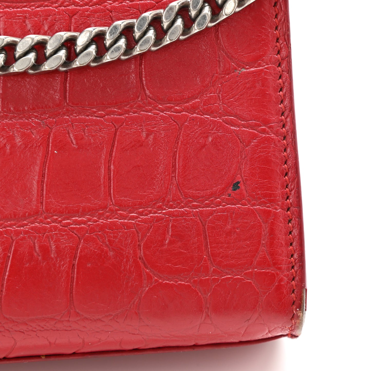 Calfskin Crocodile Embossed Medium Classic Monogram Kate Tassel Satchel Red