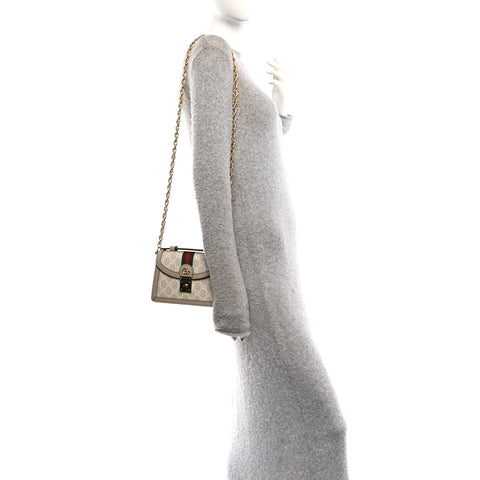 GG Supreme Monogram Textured Dollar Calfskin Web Mini Ophidia Padlock Top Handle Chain Shoulder Bag Beige Mystic White Oatmeal