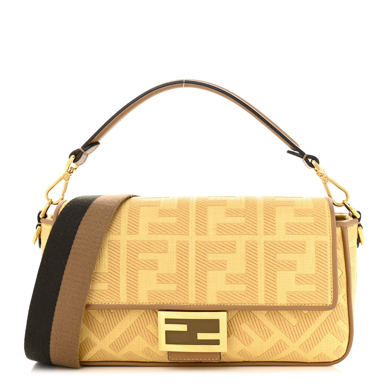 Fendi Raffia Vitello King Lucido FF Embroidered Baguette Grano Sand 1 of 14