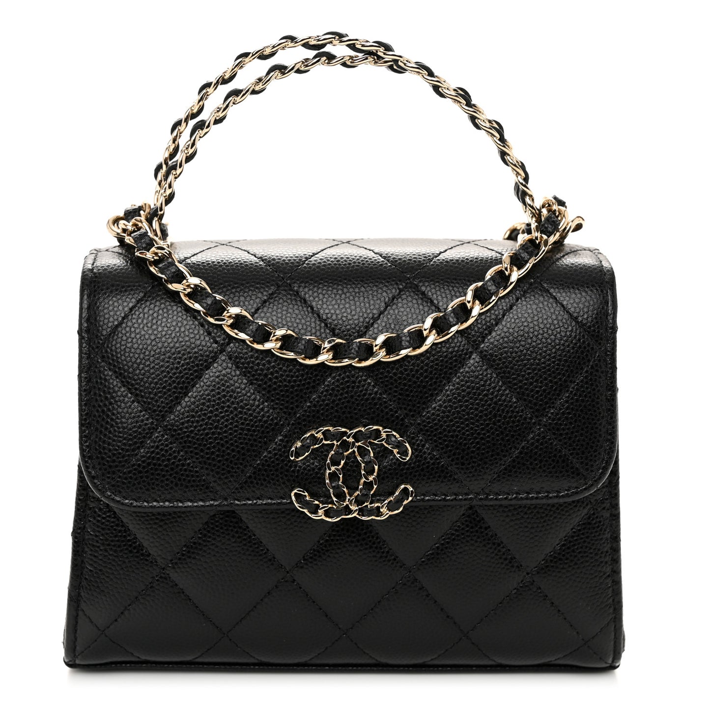 Caviar Quilted Double Chain Top Handle Flap With Chain Black