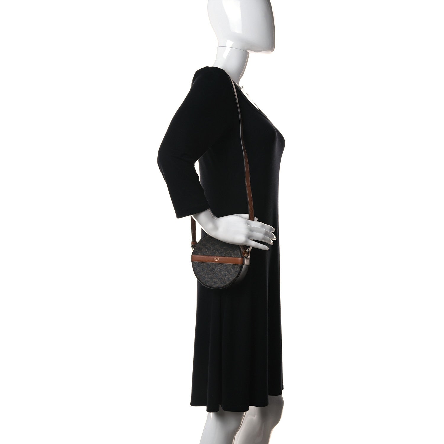 Celine Lambskin Triomphe Canvas Round Purse On Strap Black Tan 2 of 10