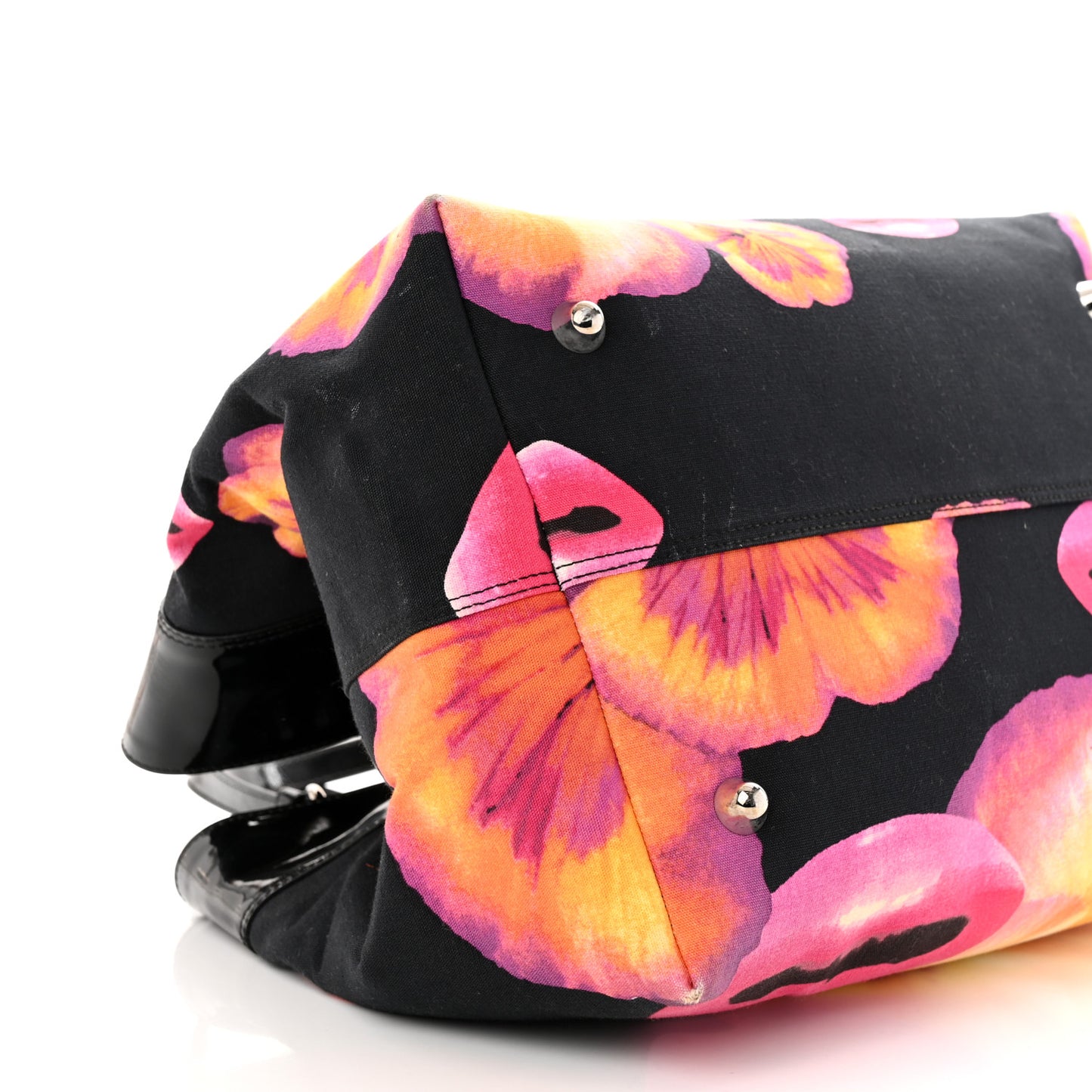 Patent Crystal Embellished Canvas Lips Print Tote Black Multicolor