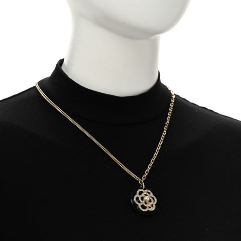 Resin Pearl Crystal Camellia CC Necklace Black Gold