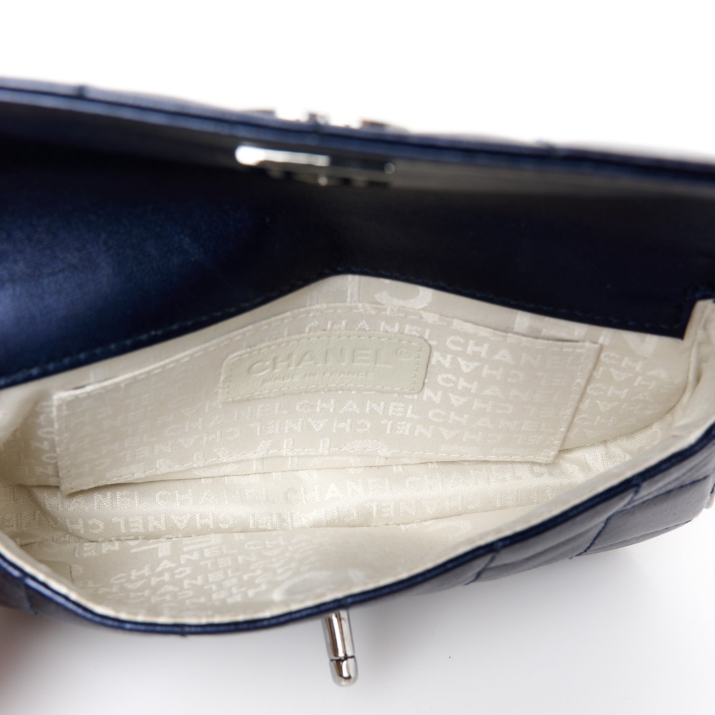 Lambskin Chocolate Bar Quilted 3 Chain Flap Navy Blue