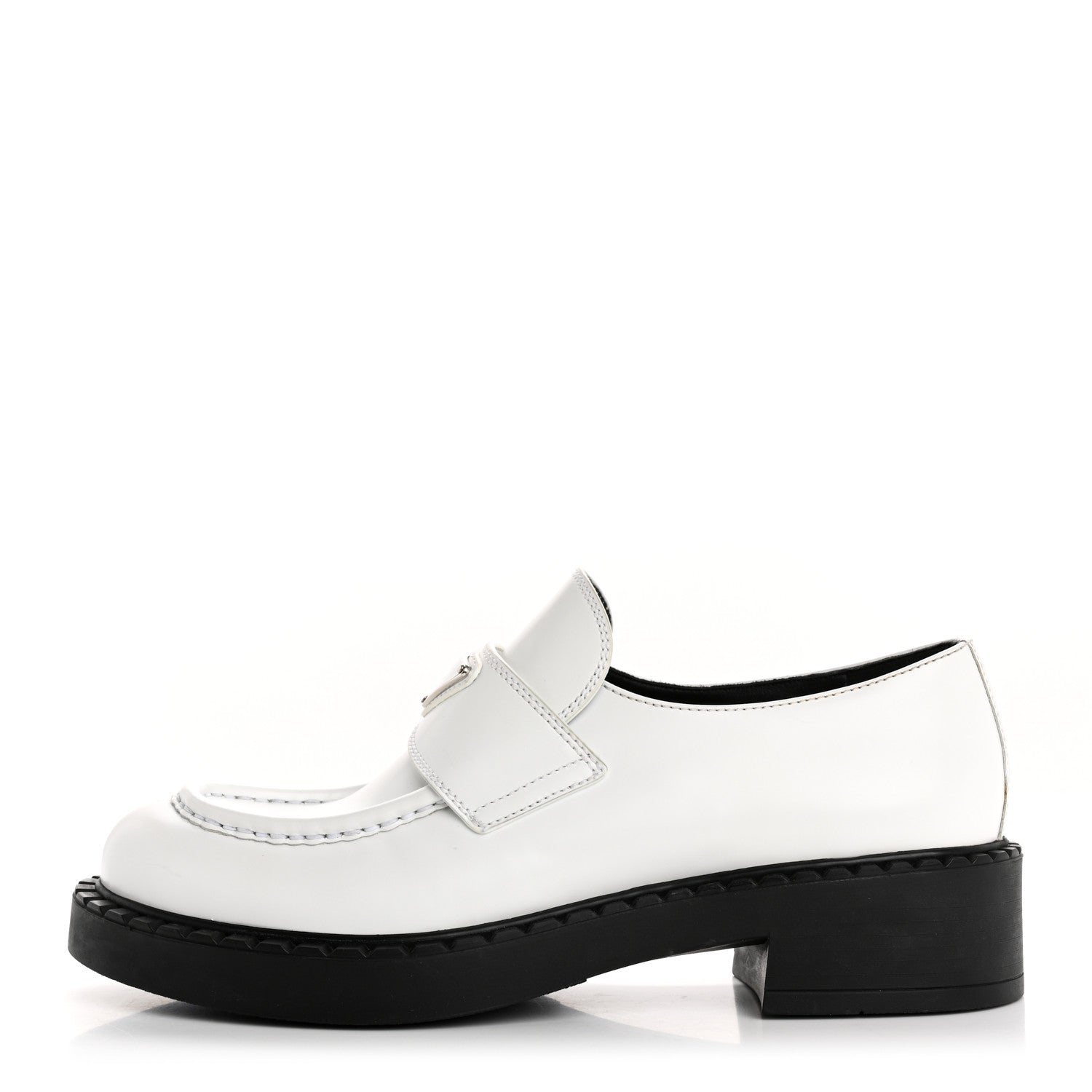 Prada Brushed Calfskin Metal Triangle Logo 20mm Loafers 39.5 White