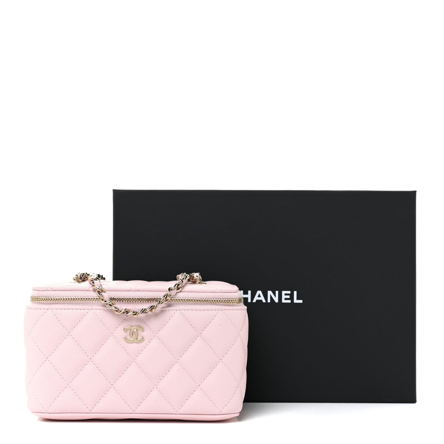 Caviar Quilted Small Vanity Case With Chain Light Pink